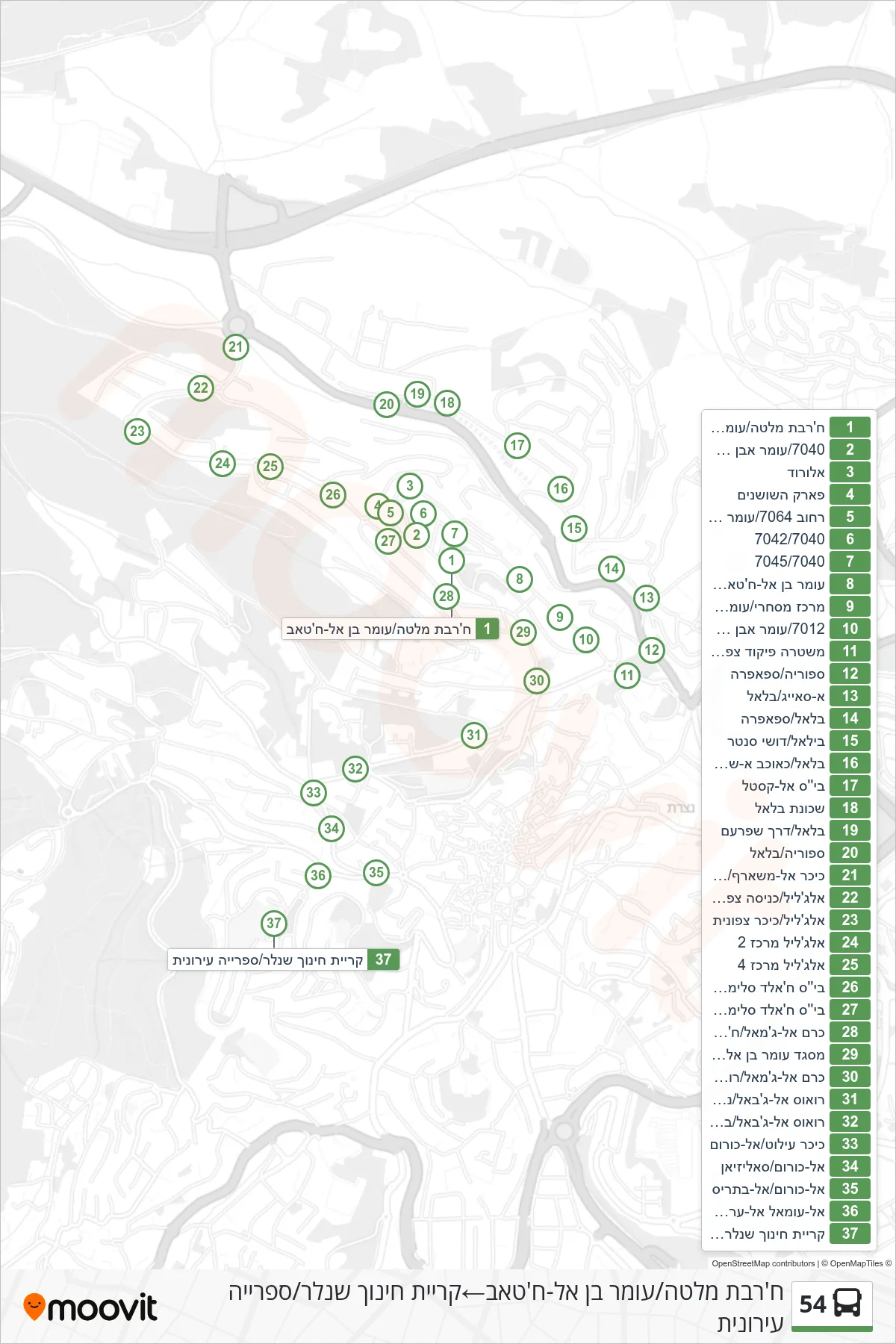 54 bus Line (Khirbet Malta/Omar bin Al-Khattab‎→Shneller Education Campus/Public Library) route and stops on a map