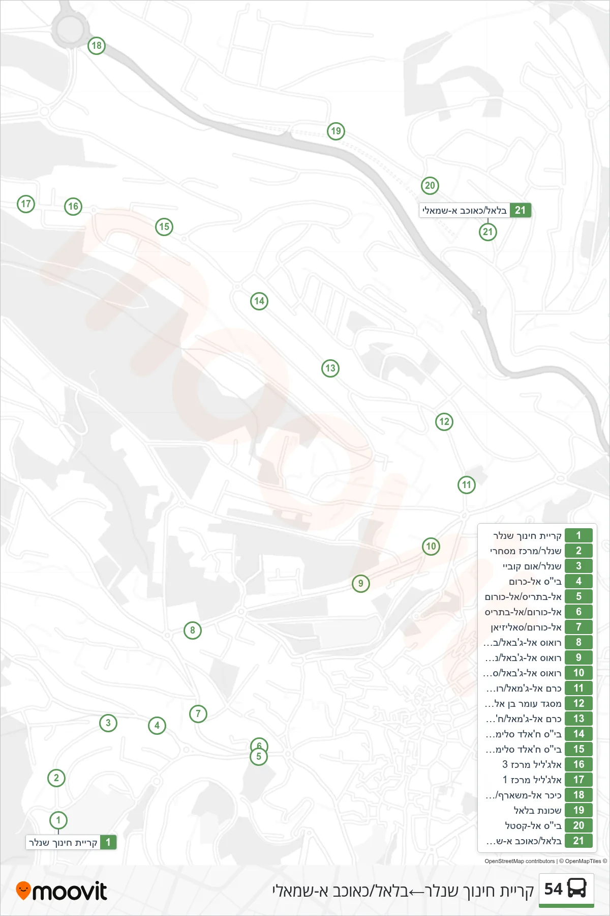 54 bus Line (Shneller Education Campus‎→Bilal/Kawkab al-Shamali) route and stops on a map