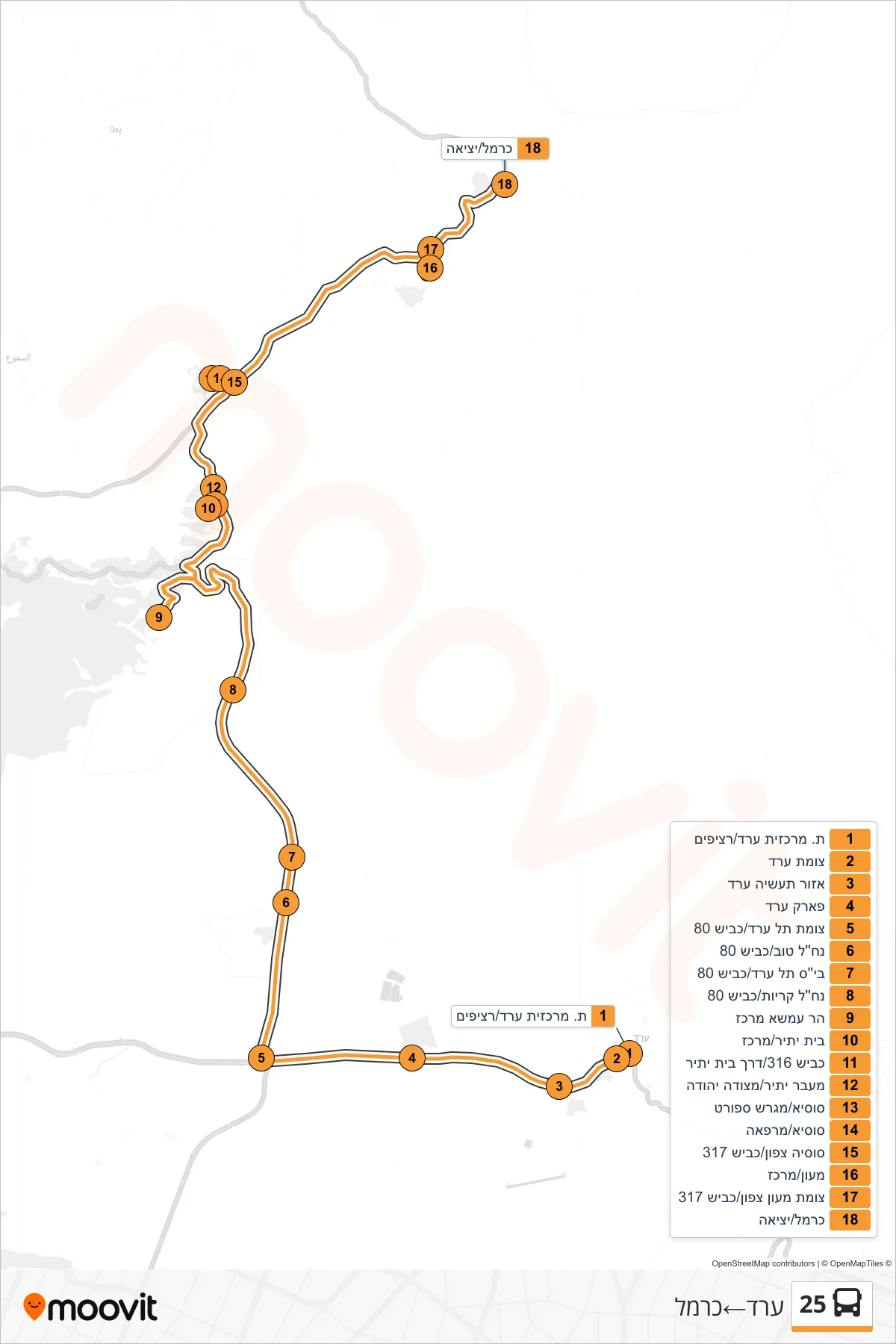 25 Line (Arad→Carmel) route and stops on a map