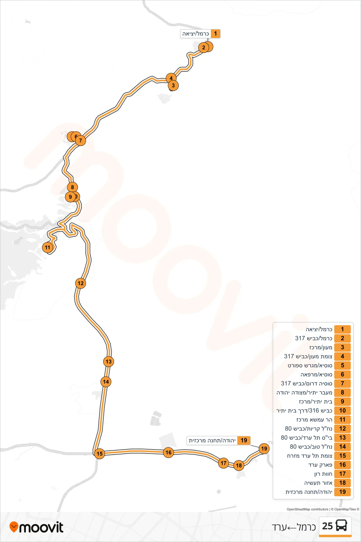 25 bus Line (Carmel→Arad) route and stops on a map
