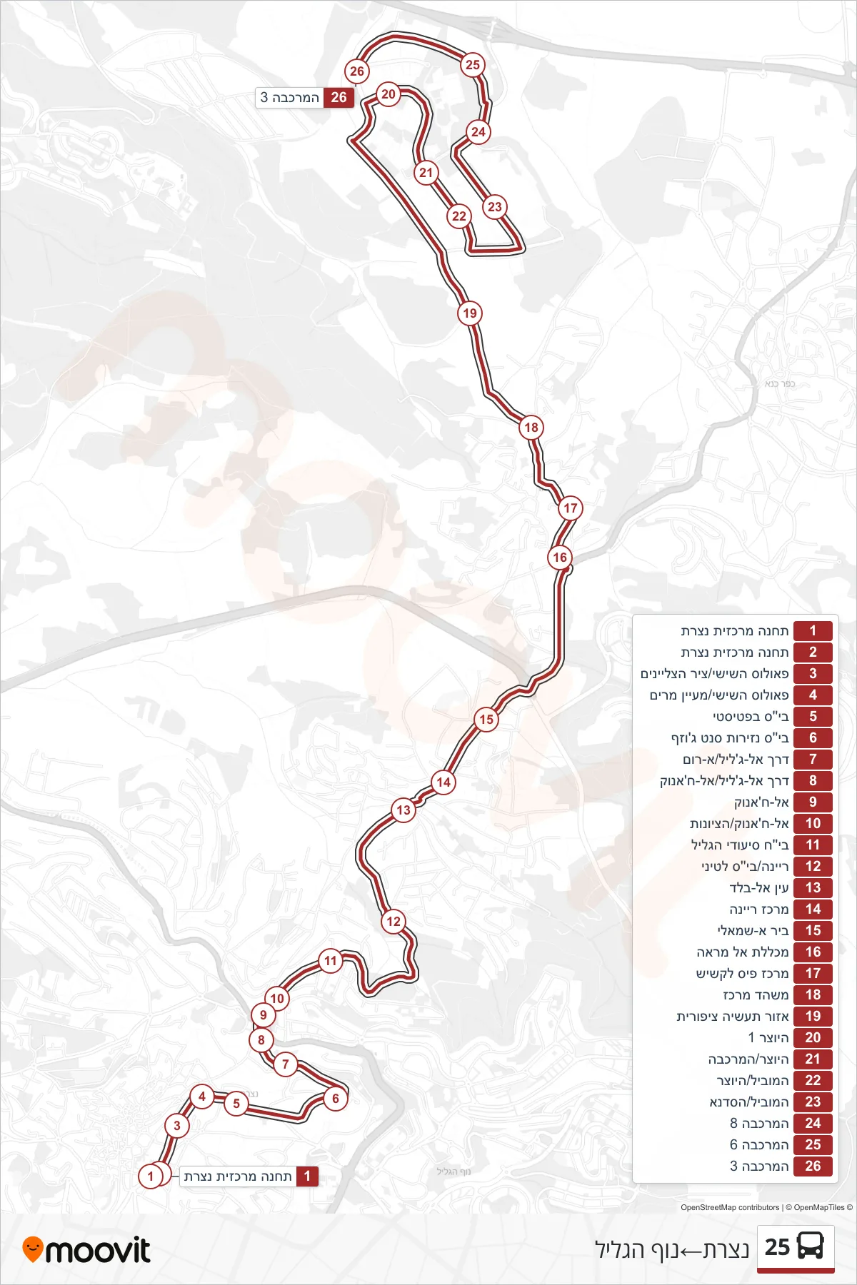 25 bus Line (Nazareth‎→Nof HaGalil) route and stops on a map