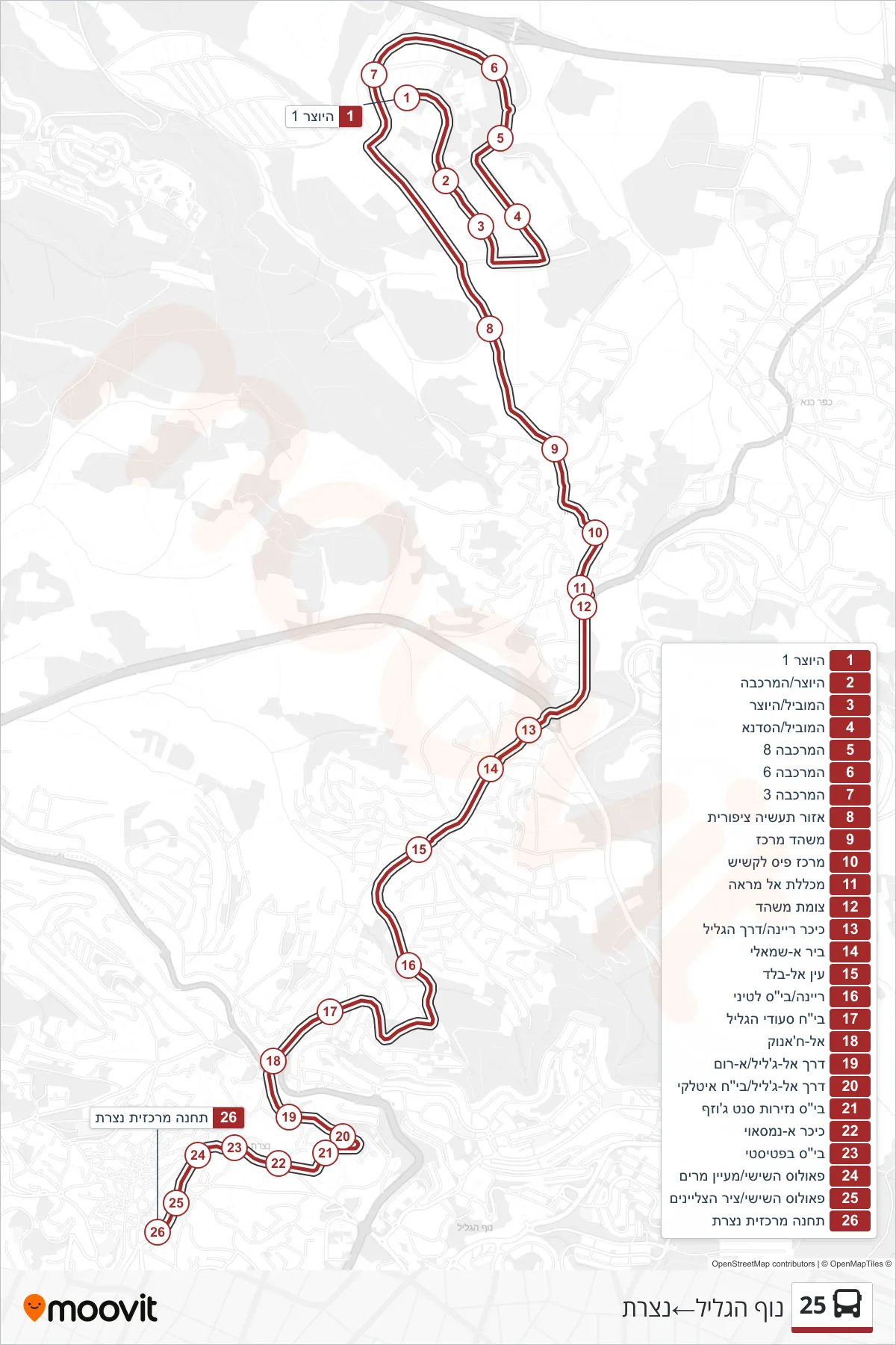 25 bus Line (Nof HaGalil→Nazareth) route and stops on a map