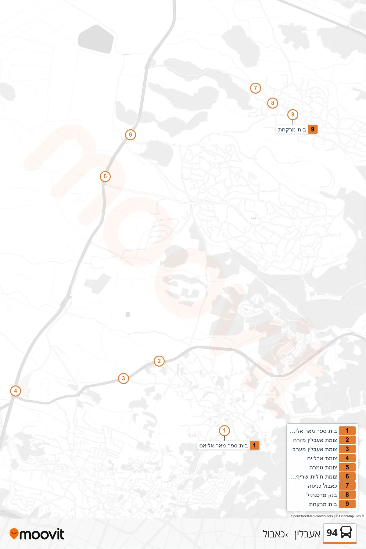 94 bus Line (I'billin‎→Kabul) route and stops on a map