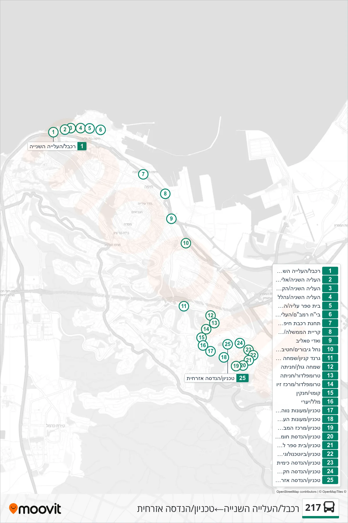 217 bus Line (Cable Car/HaAliya HaShniya‎→Technion/Civil Engineering) route and stops on a map