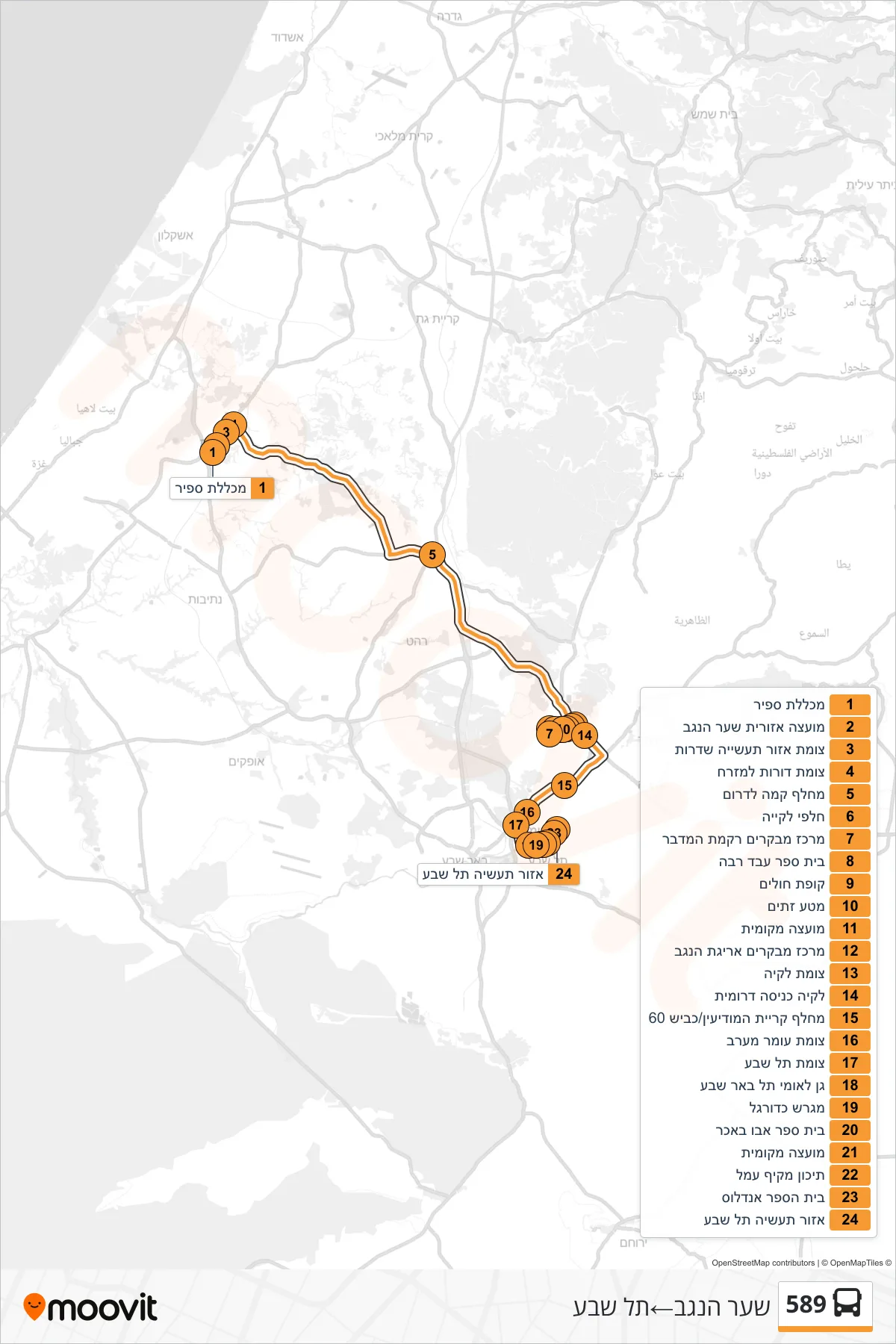 589 bus Line (Sha'ar HaNegev‎→Tel Sheva) route and stops on a map