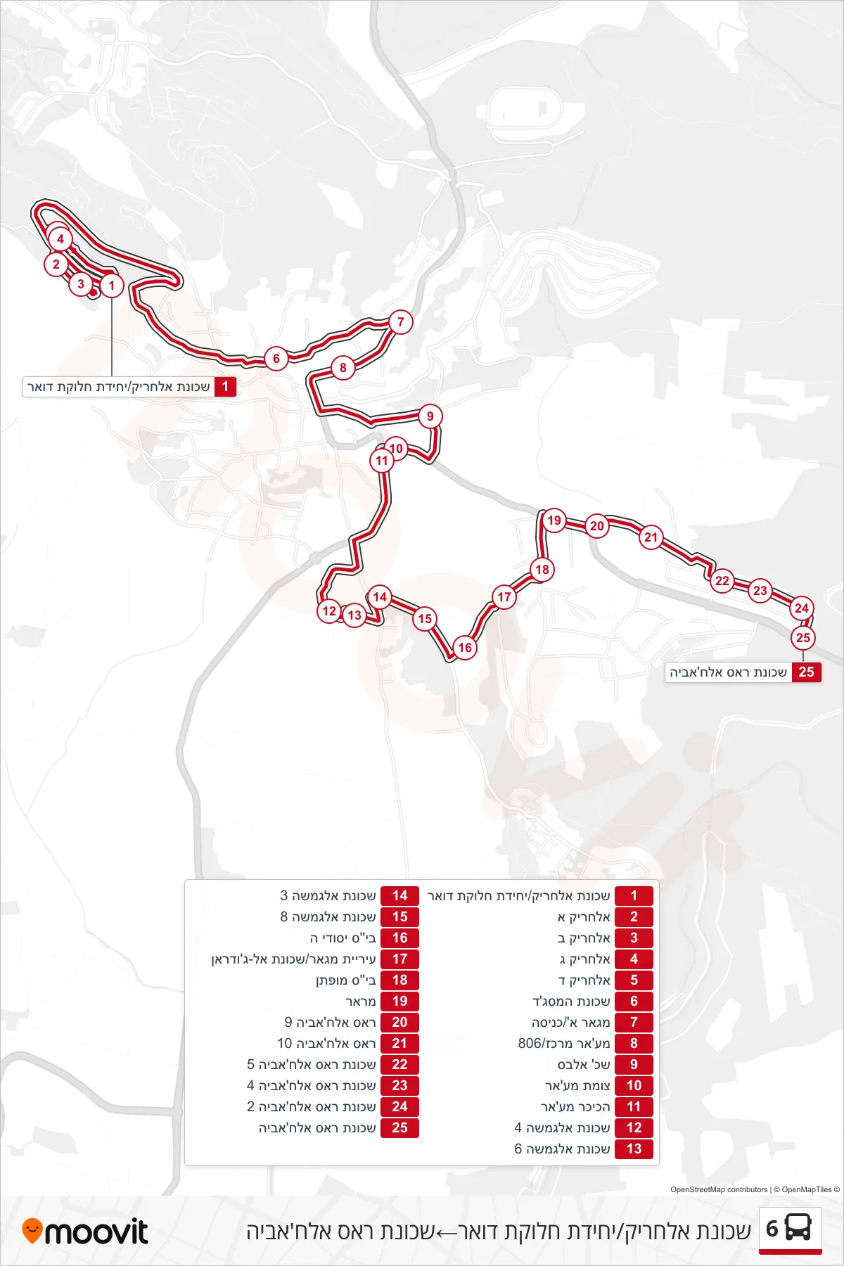 6 Line (Al-Hariq Neighborhood/Postal Distribution Unit→Ras Al-Khabiyeh Neighborhood) route and stops on a map