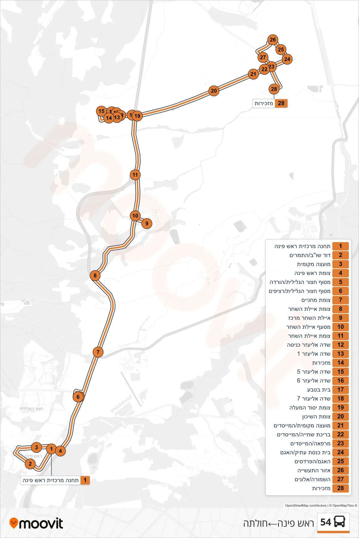 54 bus Line (Rosh Pina‎→Hulata) route and stops on a map