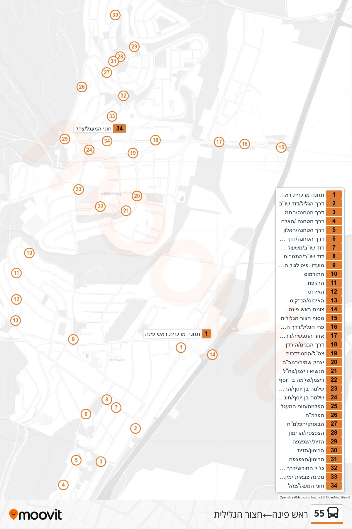 55 bus Line (Rosh Pina‎→Hatzor HaGlilit) route and stops on a map