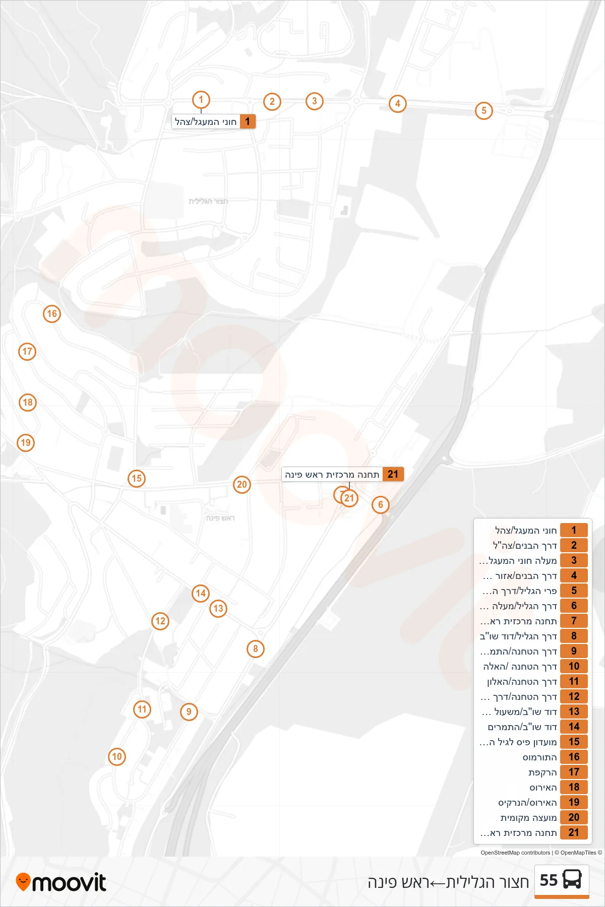 55  Line (Hatzor HaGlilit‎→Rosh Pina) route and stops on a map