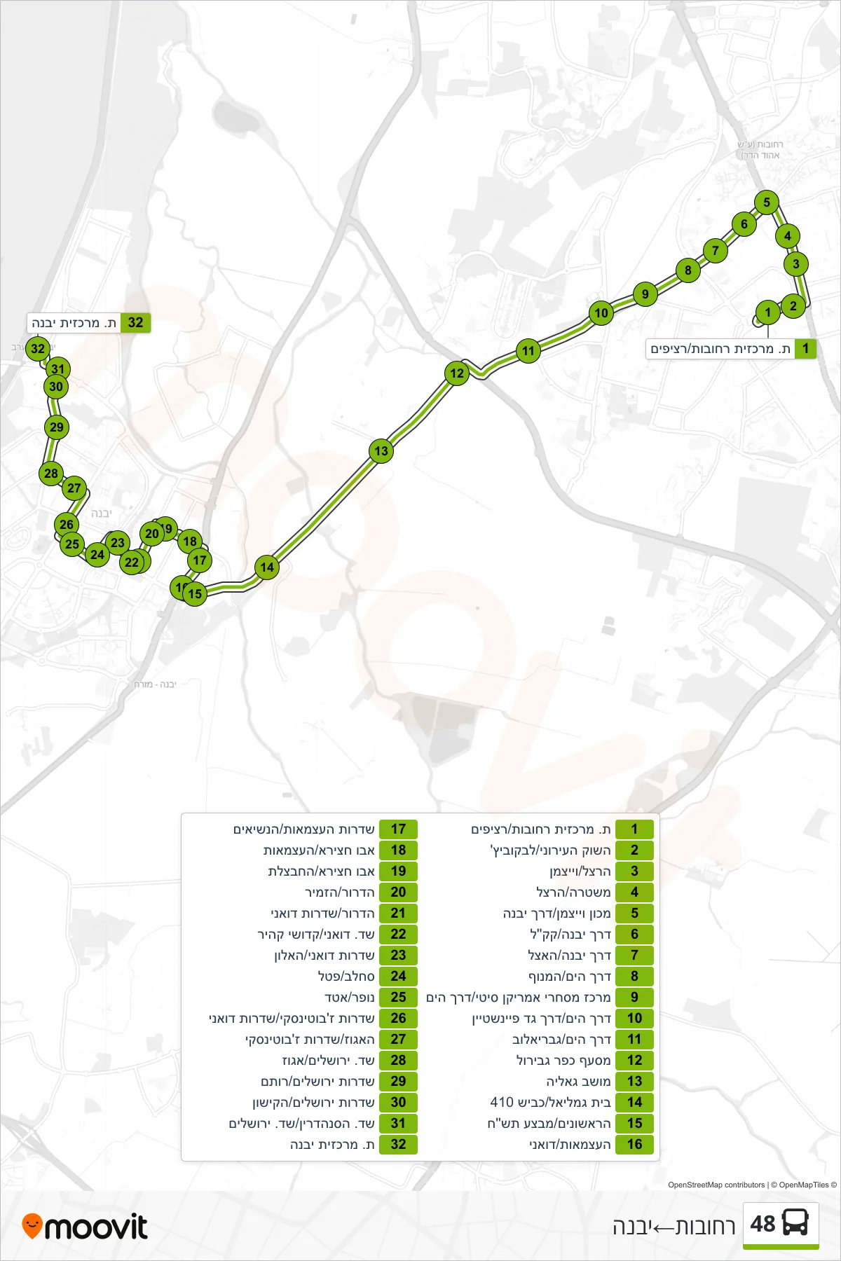 48 bus Line (Rehovot‎→Yavne) route and stops on a map