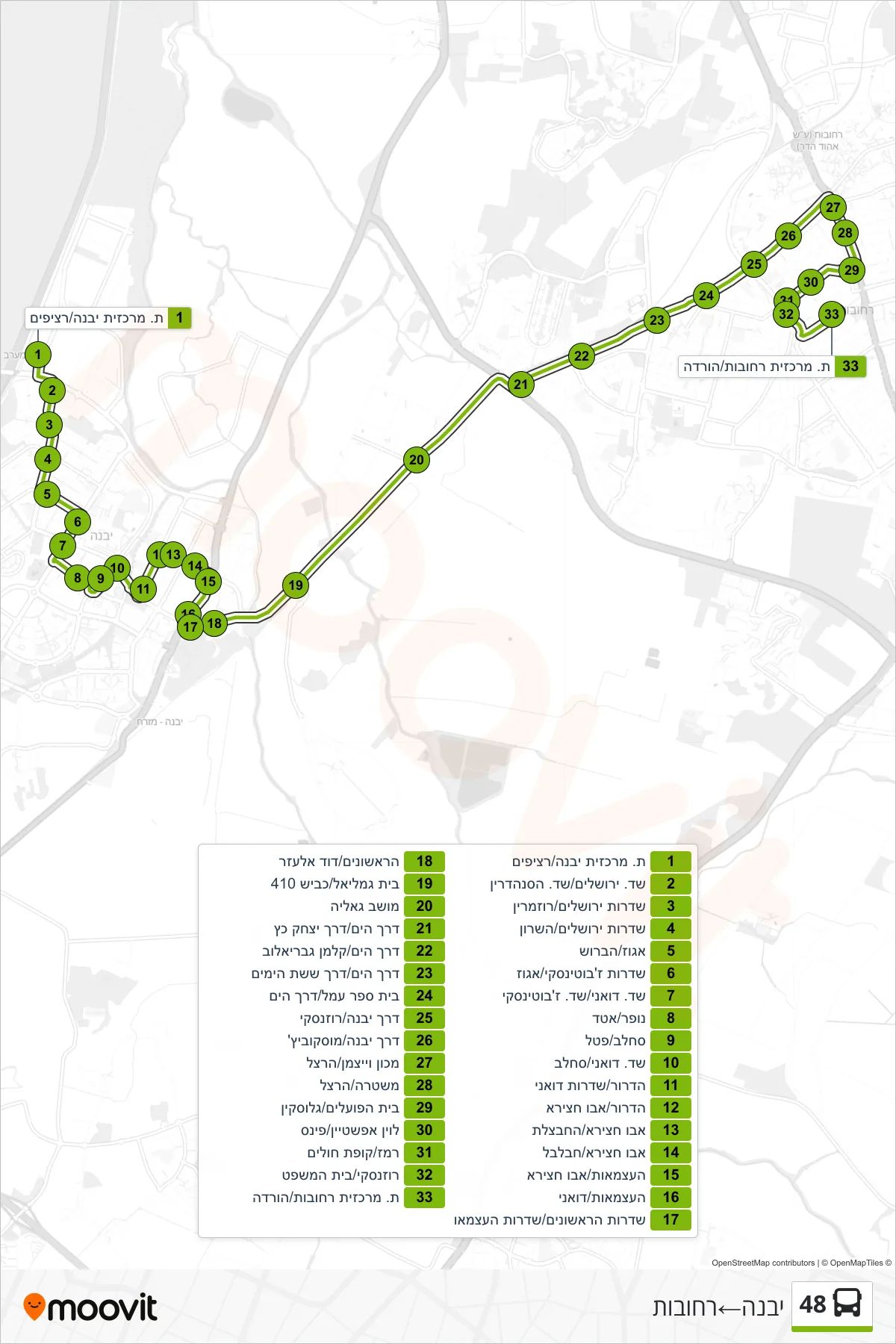 48 bus Line (Yavne‎→Rehovot) route and stops on a map