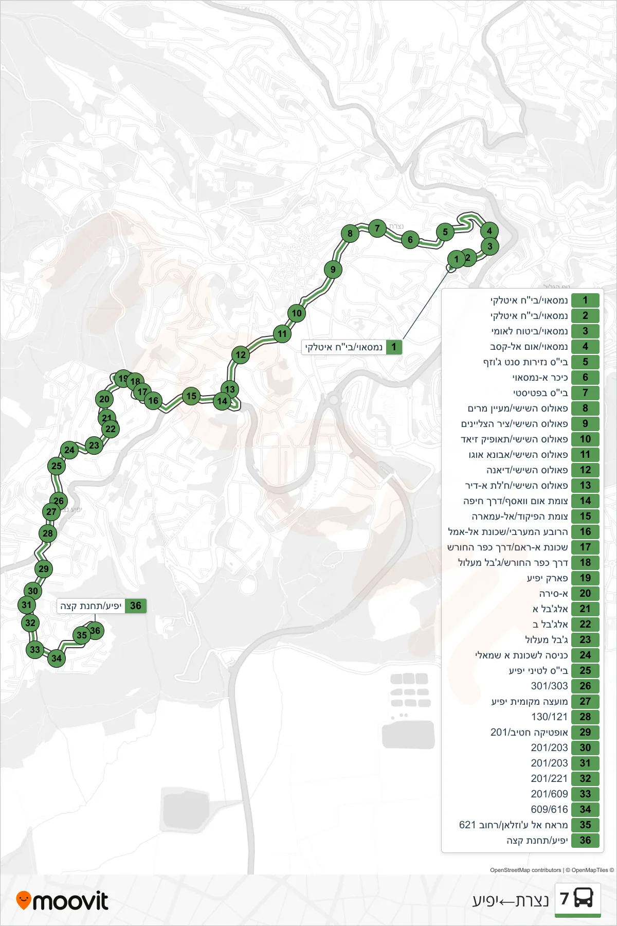 7 bus Line (Nazareth‎→Yafi'a) route and stops on a map