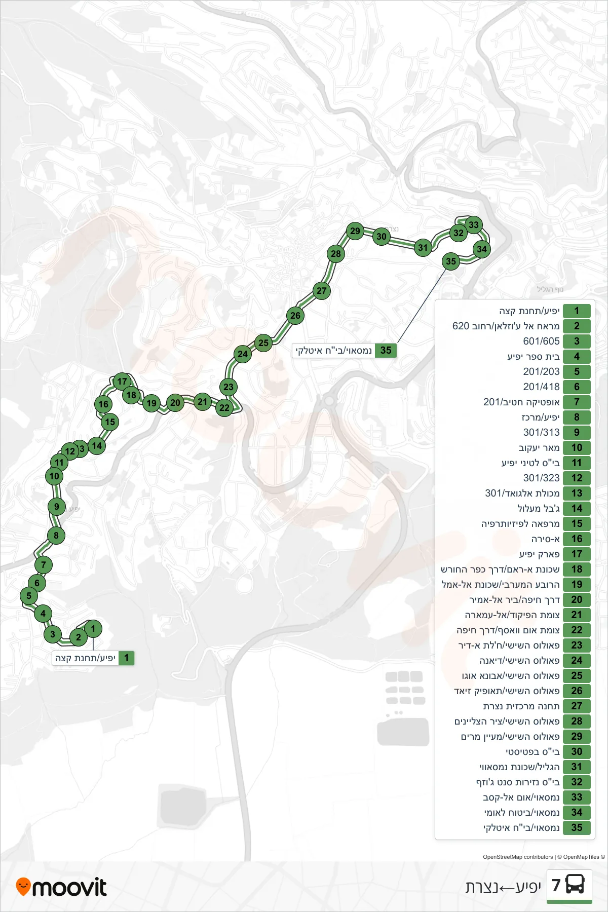 7  Line (Yafi'a‎→Nazareth) route and stops on a map