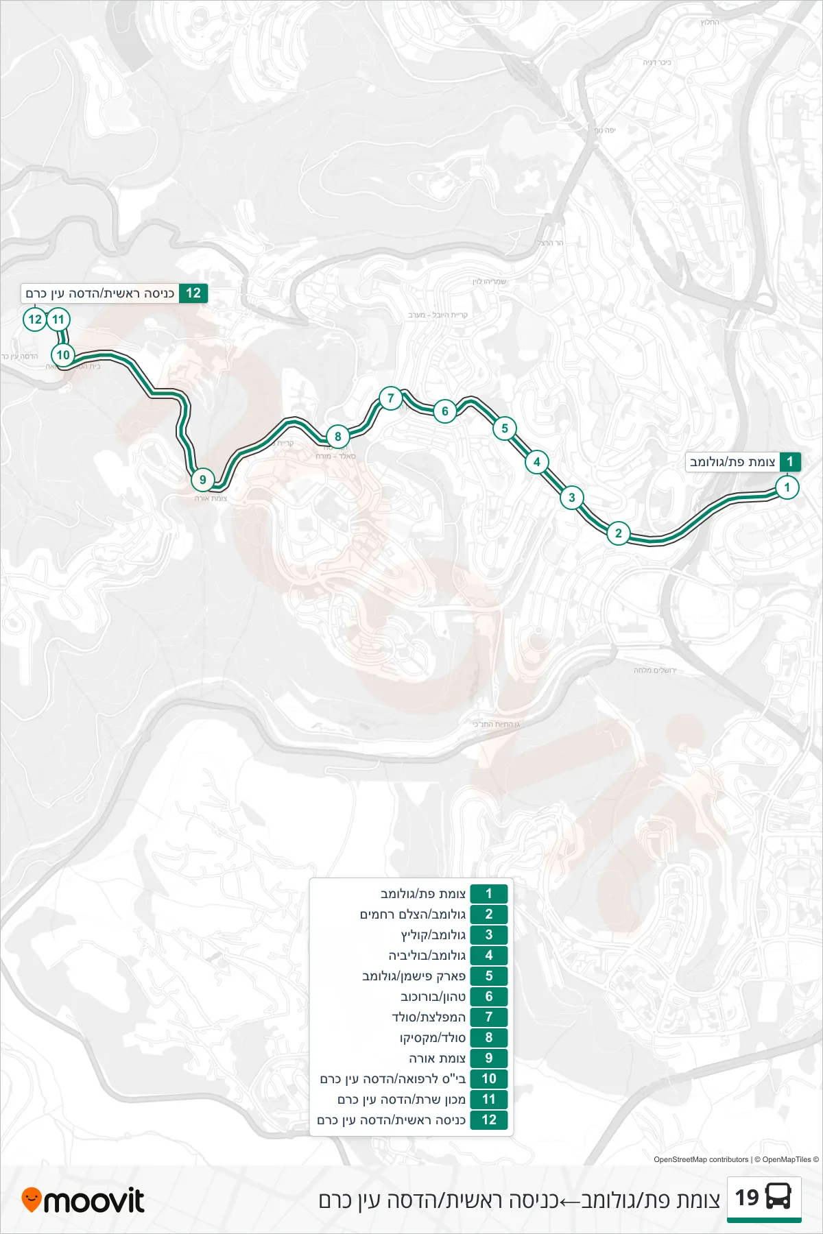 19 bus Line (Pat Junction/Golomb→Main Entrance/Hadassah Ein Kerem) route and stops on a map