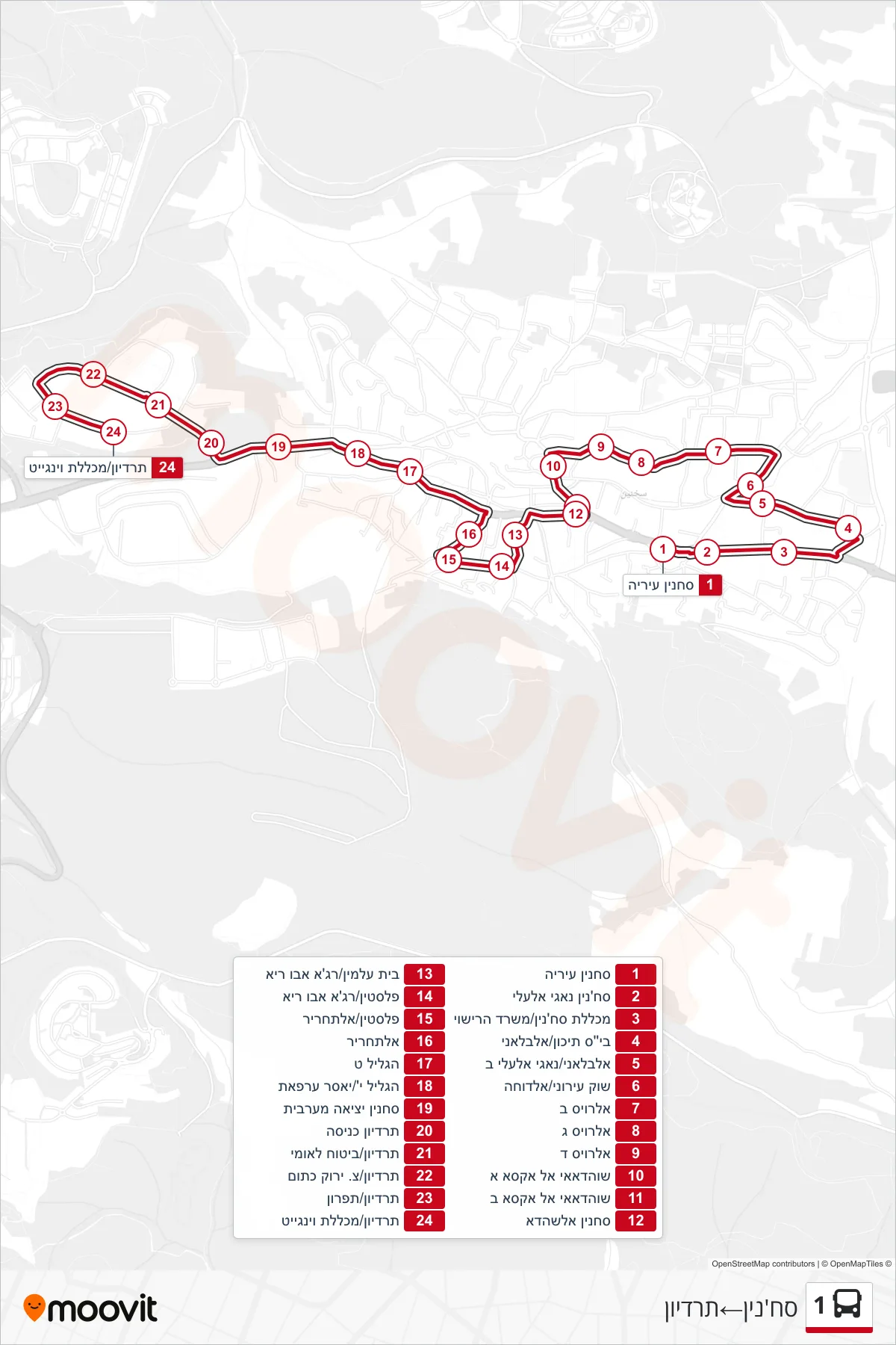 1 bus Line (Sakhnin‎→Teradyon) route and stops on a map
