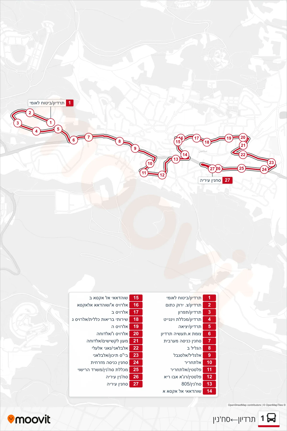 1 bus Line (Teradyon‎→Sakhnin) route and stops on a map
