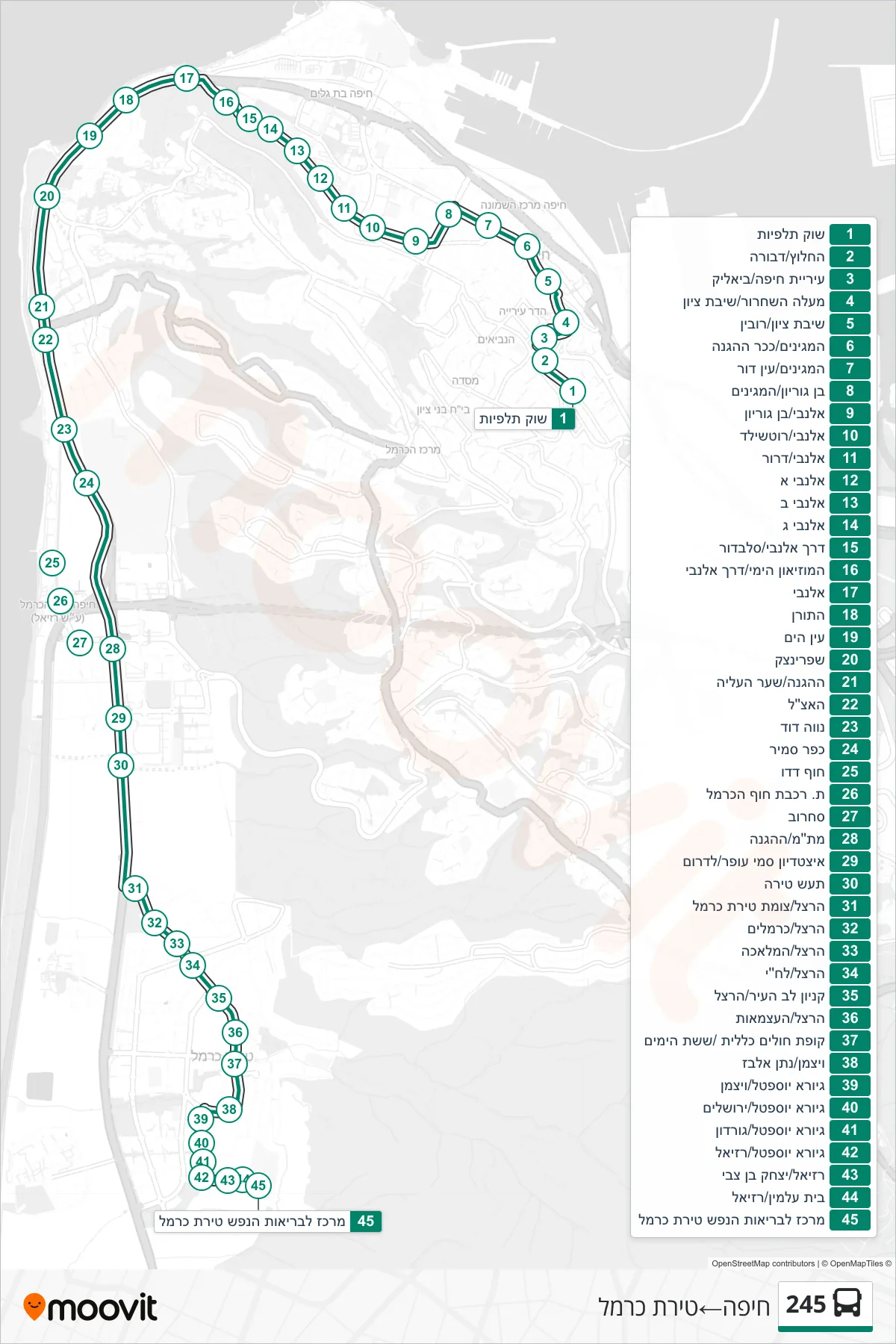 245  Line (Haifa‎→Tirat Carmel) route and stops on a map