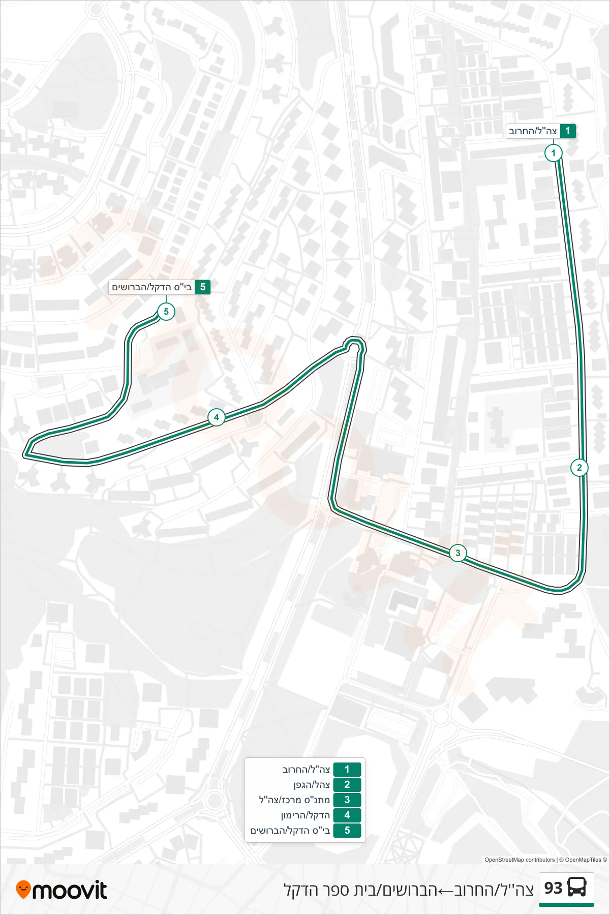 93 bus Line (Tzahal/HaCharuv‎→HaBroshim/Dekel School) route and stops on a map