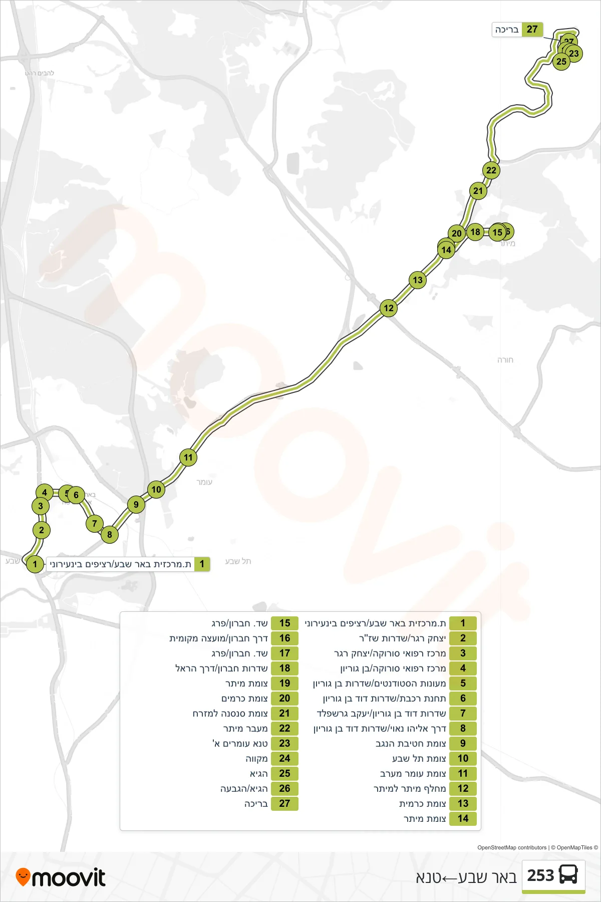 253  Line (Beer Sheva‎→Tene) route and stops on a map