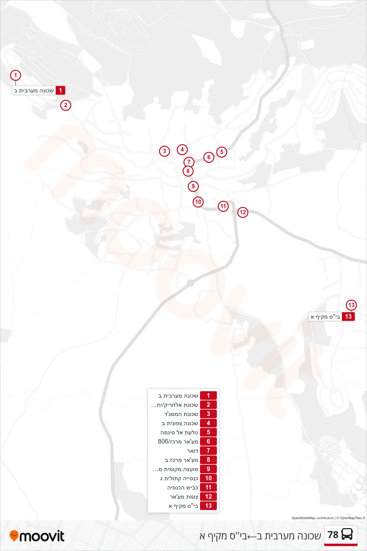 78 bus Line (Western Neighborhood B‎→Comprehensive School A) route and stops on a map