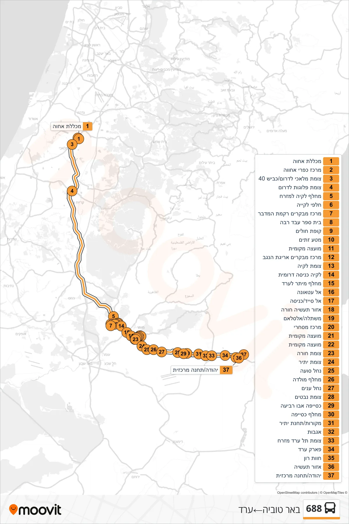 688 bus Line (Be'er Tuvya‎→Arad) route and stops on a map