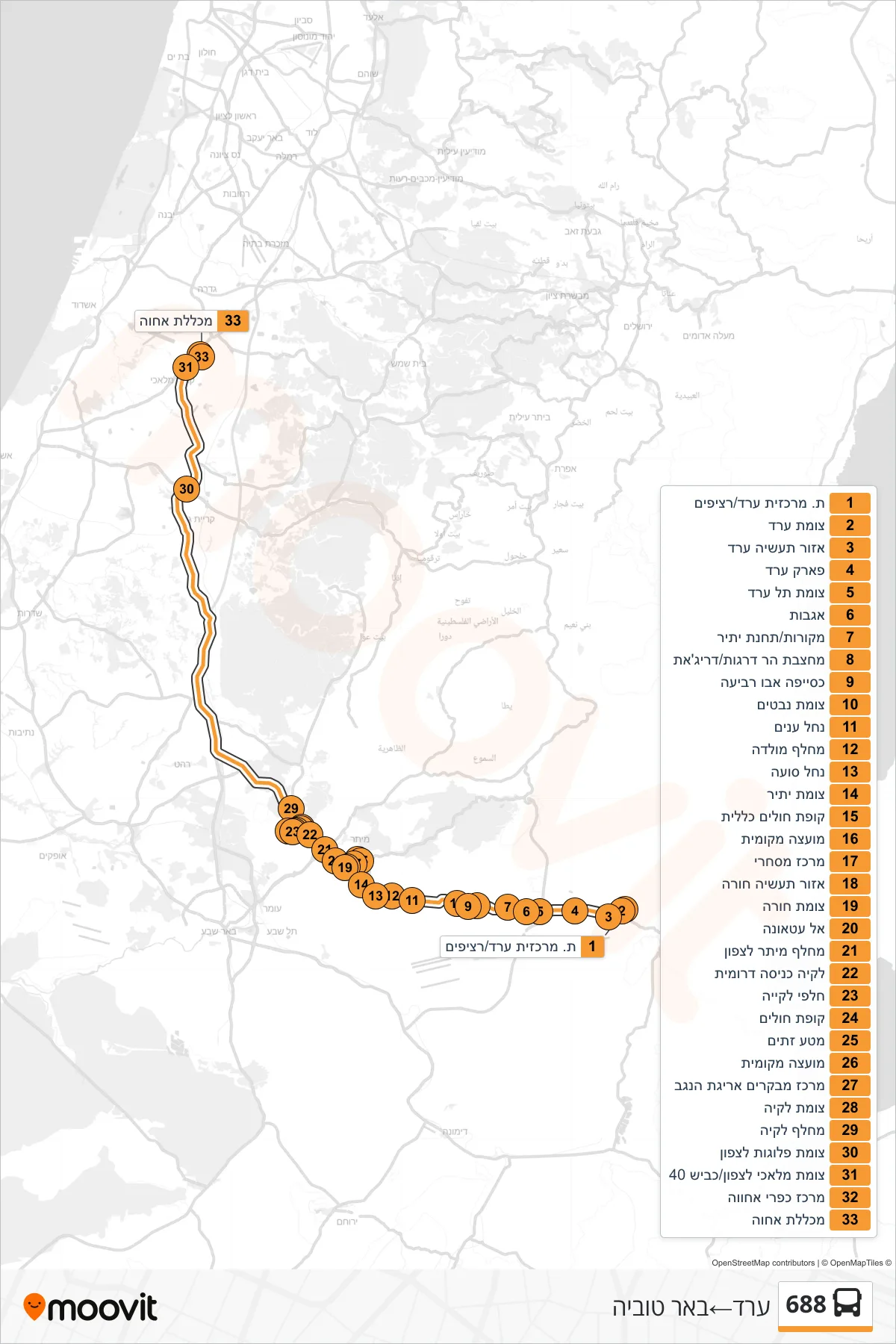 688 bus Line (Arad‎→Be'er Tuvya) route and stops on a map
