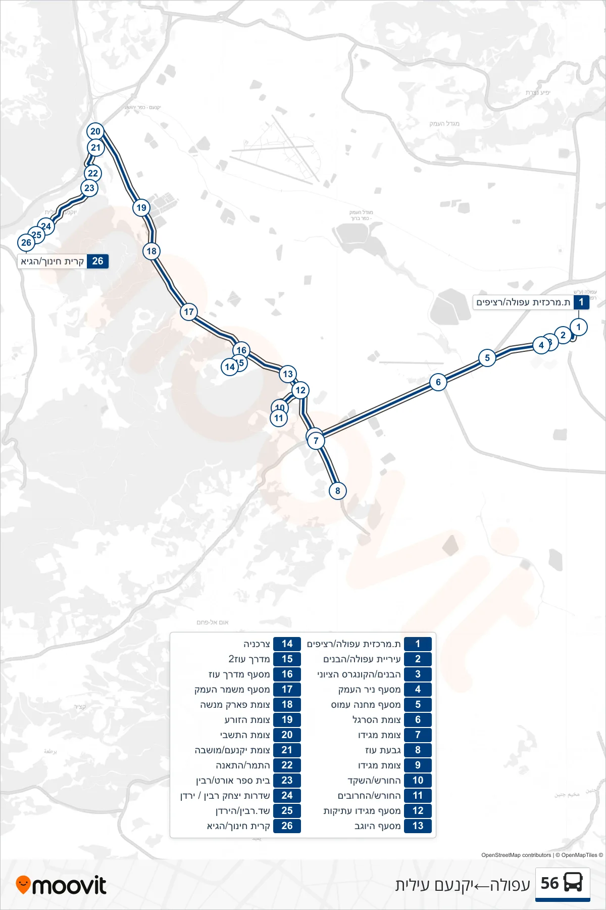 56 bus Line (Afula→Yokneam Illit) route and stops on a map