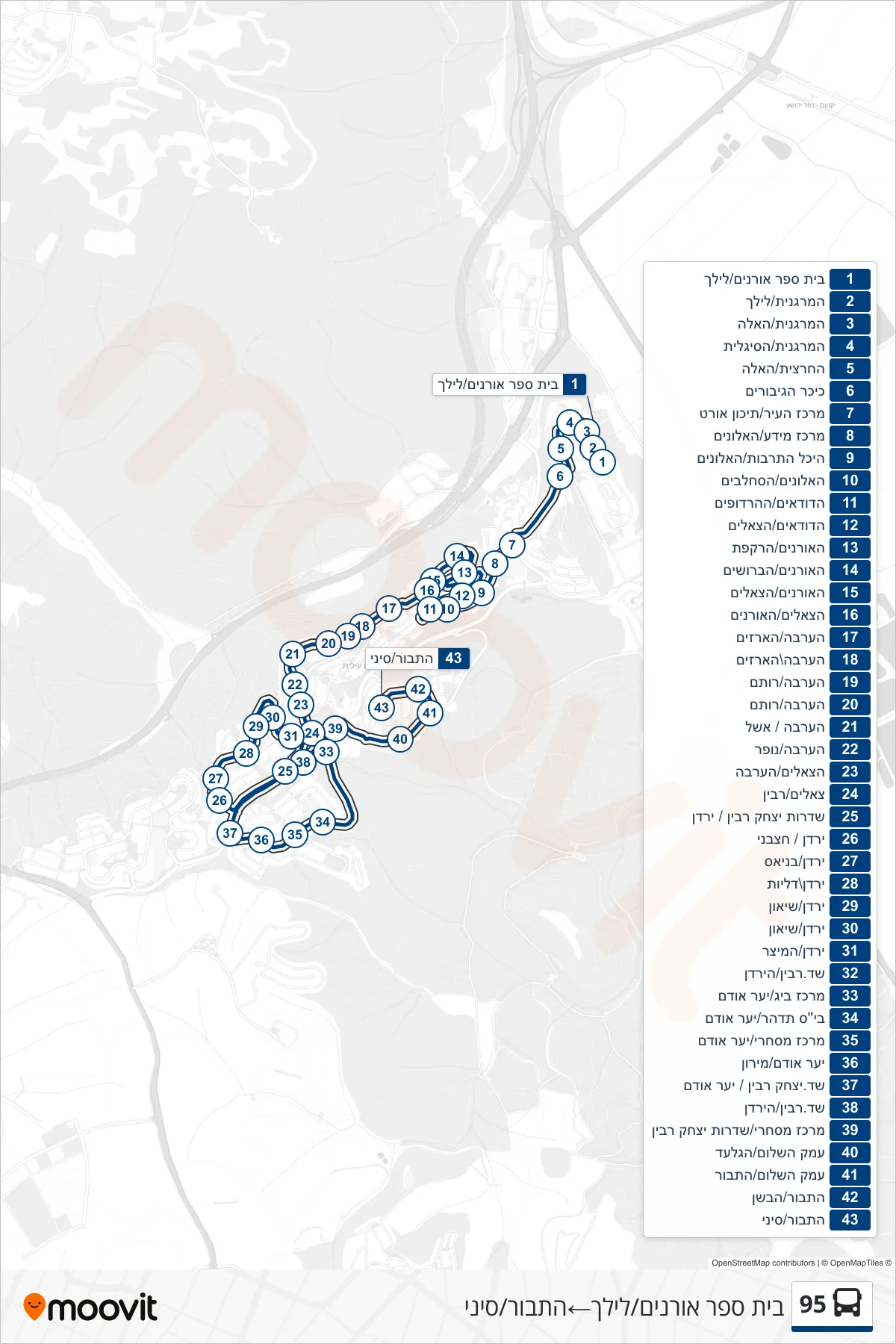 95 bus Line (Oranim School/Lilach‎→HaTabor/Sinai) route and stops on a map