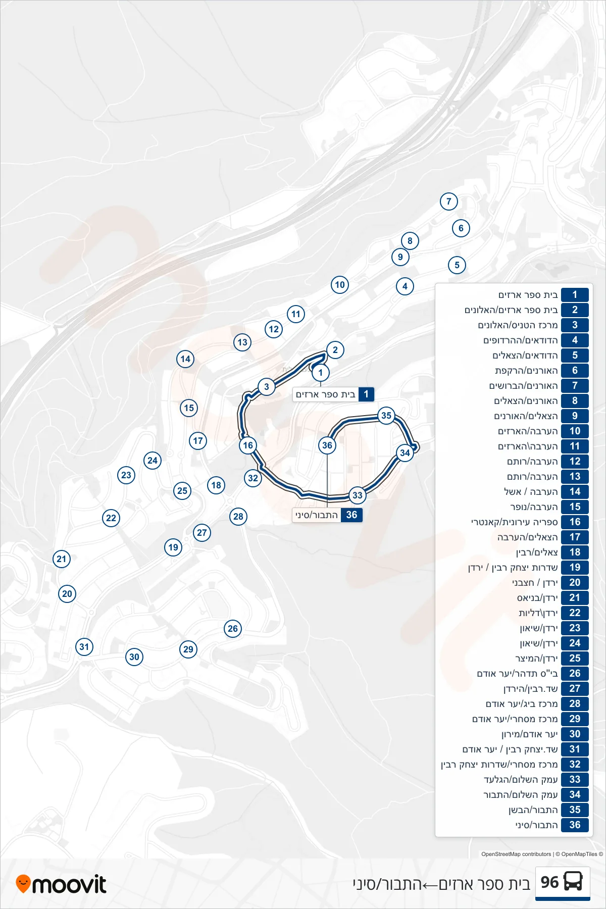 96 bus Line (Arazim School→HaTabor/Sinai) route and stops on a map