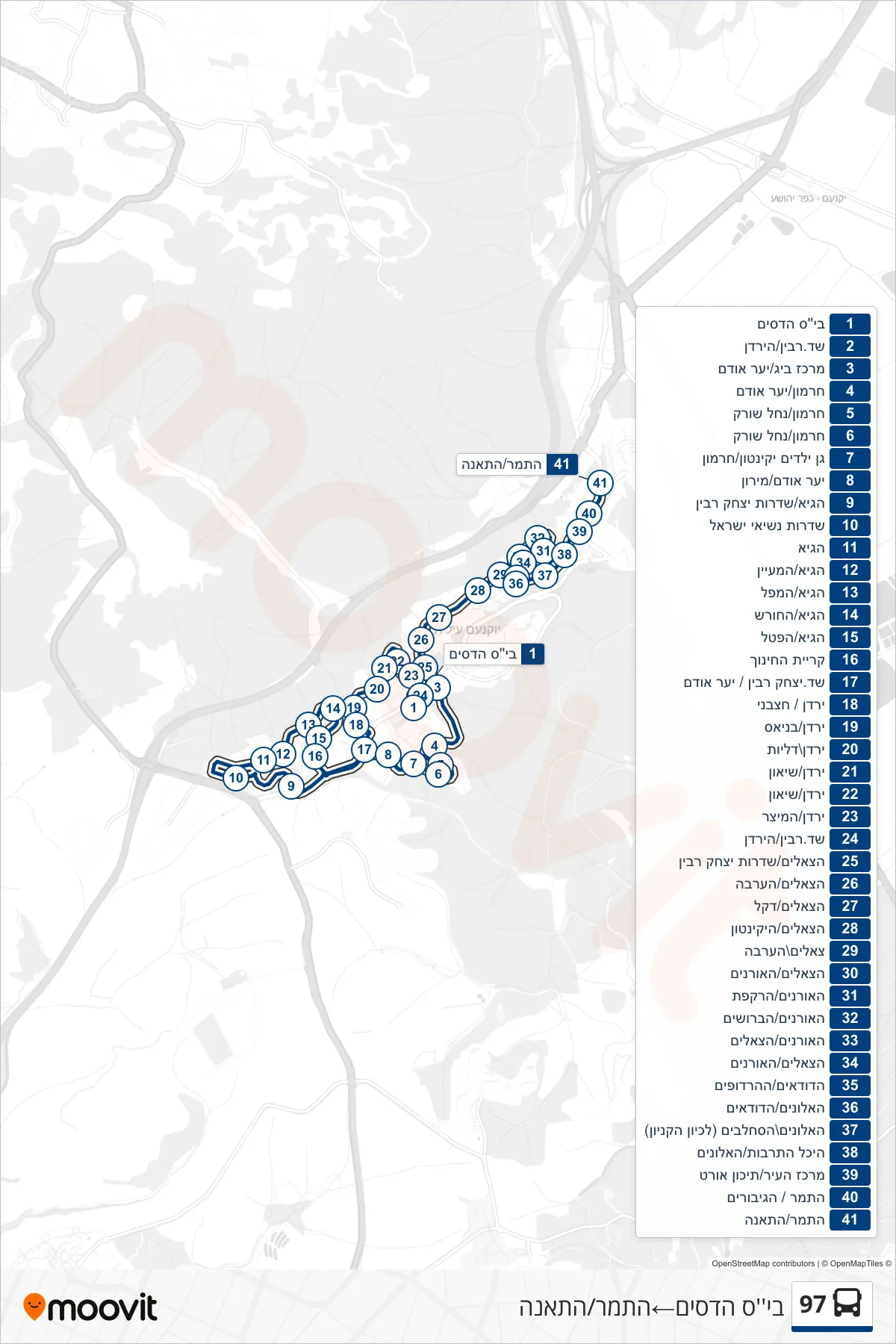 97 bus Line (Hadasim School→HaTamar/HaTeena) route and stops on a map