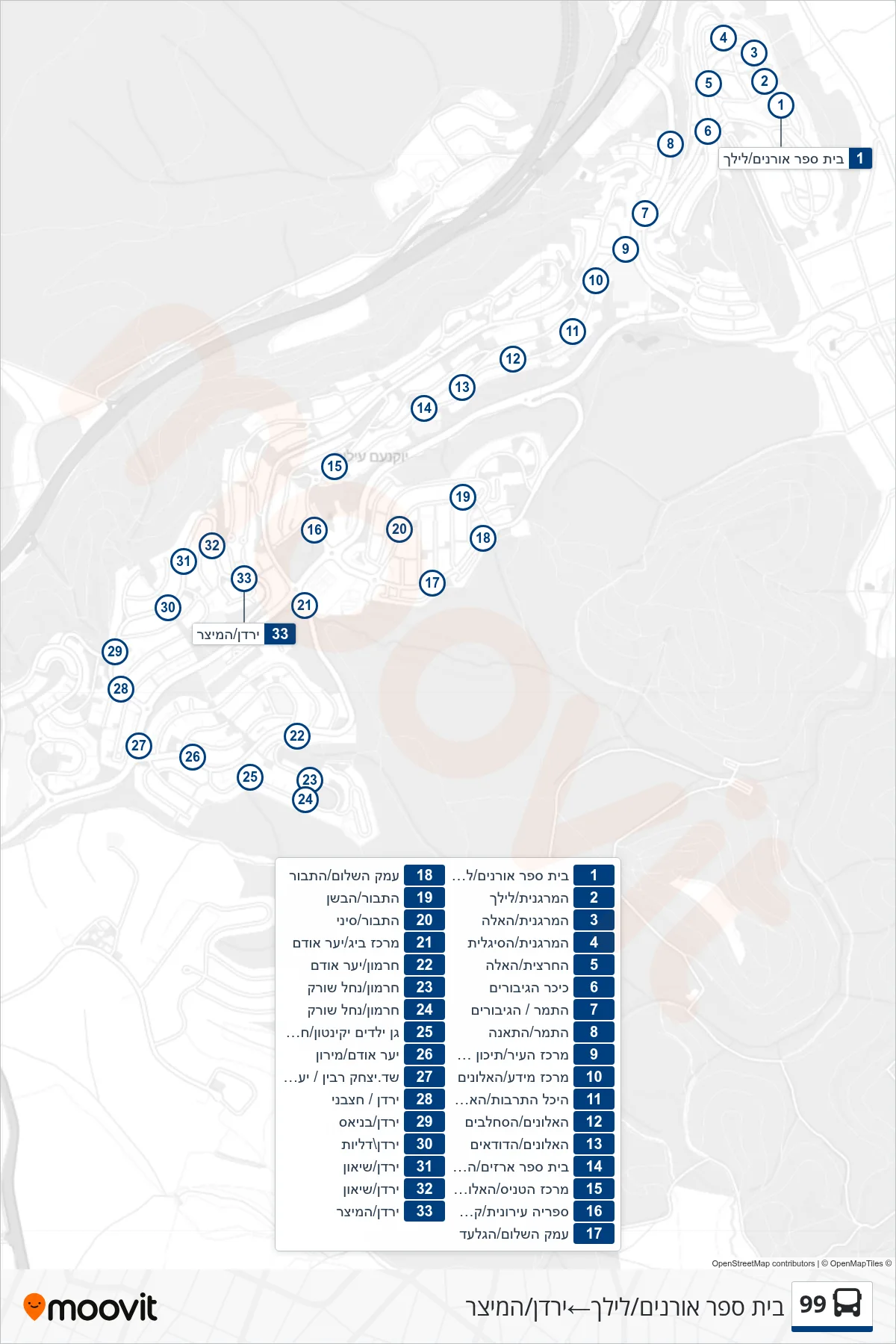 99 bus Line (Oranim School/Lilach‎→Yarden/HaMeitzar) route and stops on a map