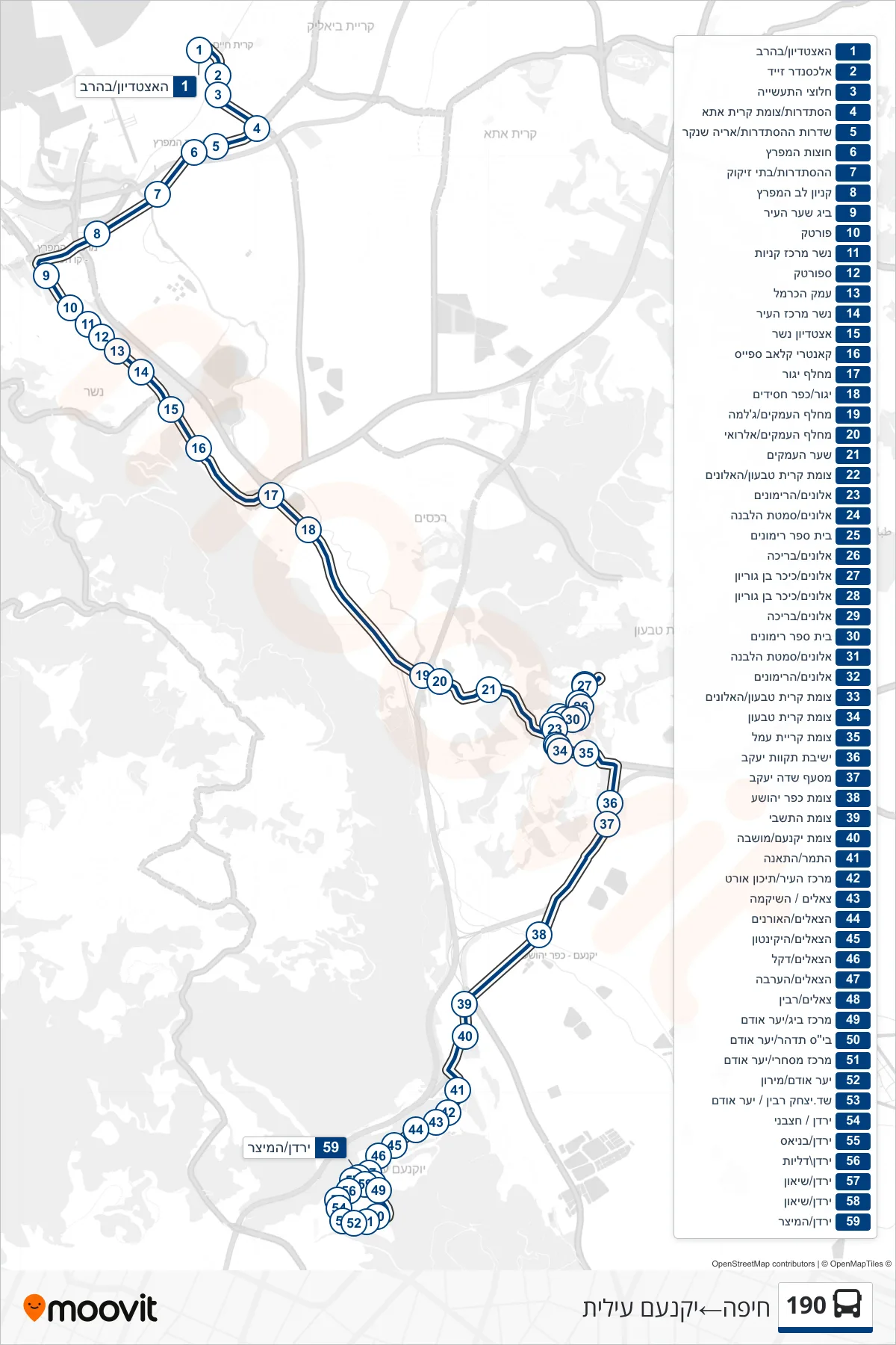 190 bus Line (Haifa‎→Yokneam Illit) route and stops on a map