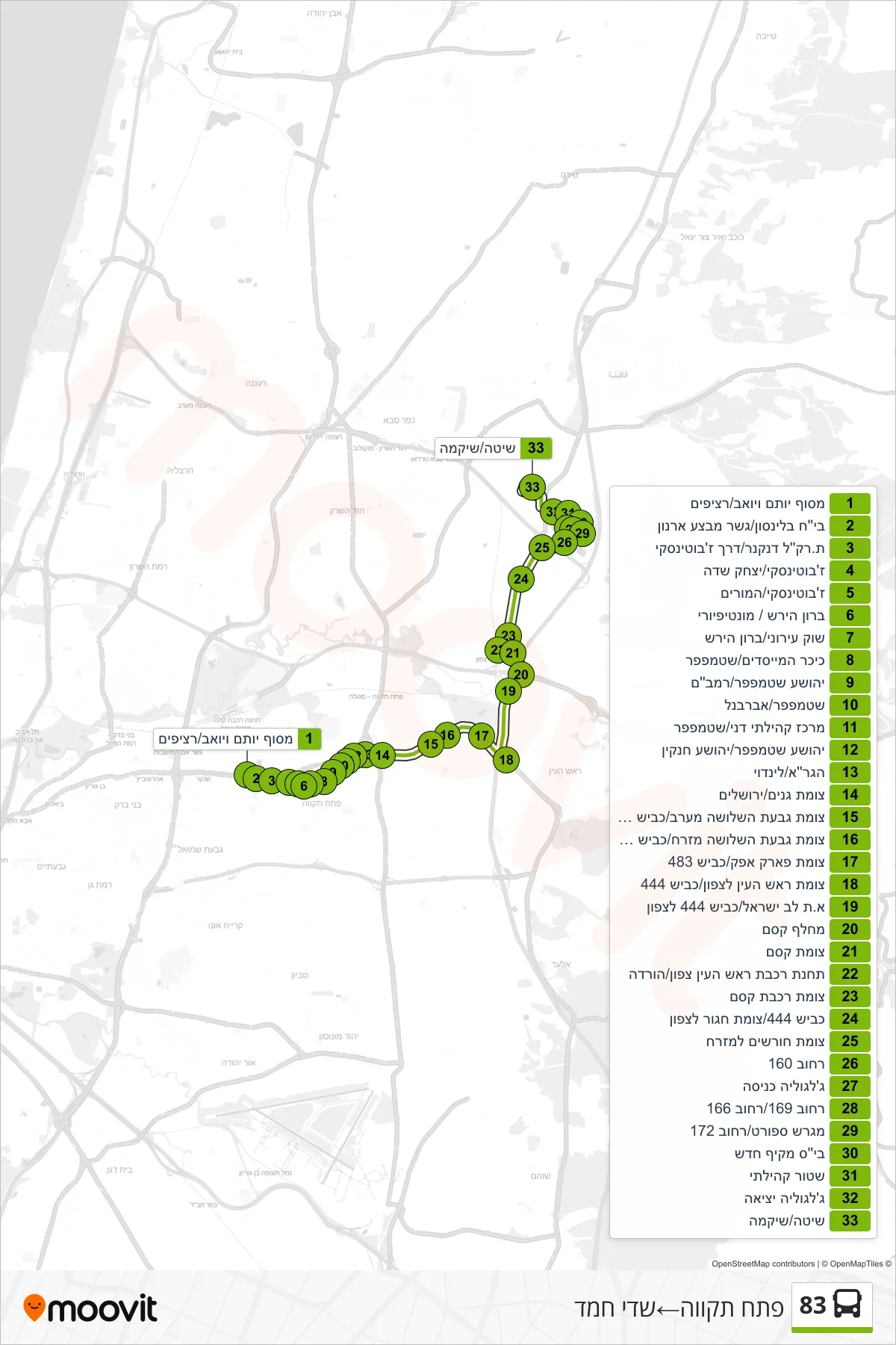 83 bus Line (Petah Tikva‎→Sdei Hemed) route and stops on a map