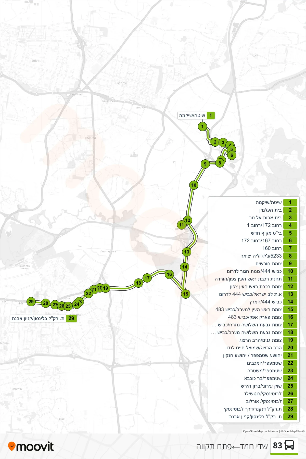 83 bus Line (Sdei Hemed‎→Petah Tikva) route and stops on a map