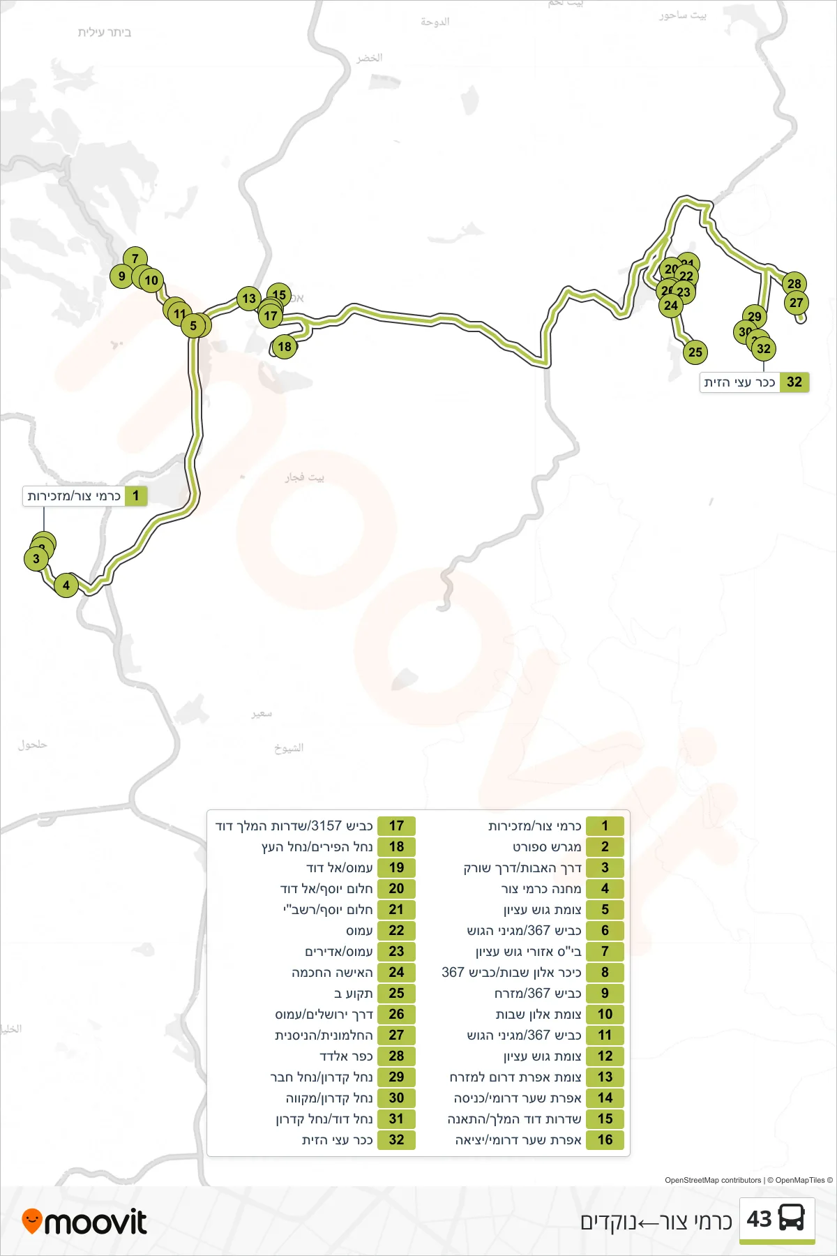 43 bus Line (Karmei Tzur‎→Nokdim) route and stops on a map