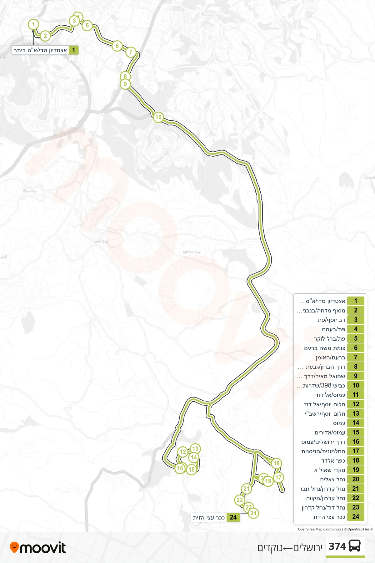 374 bus Line (Jerusalem‎→Nokdim) route and stops on a map