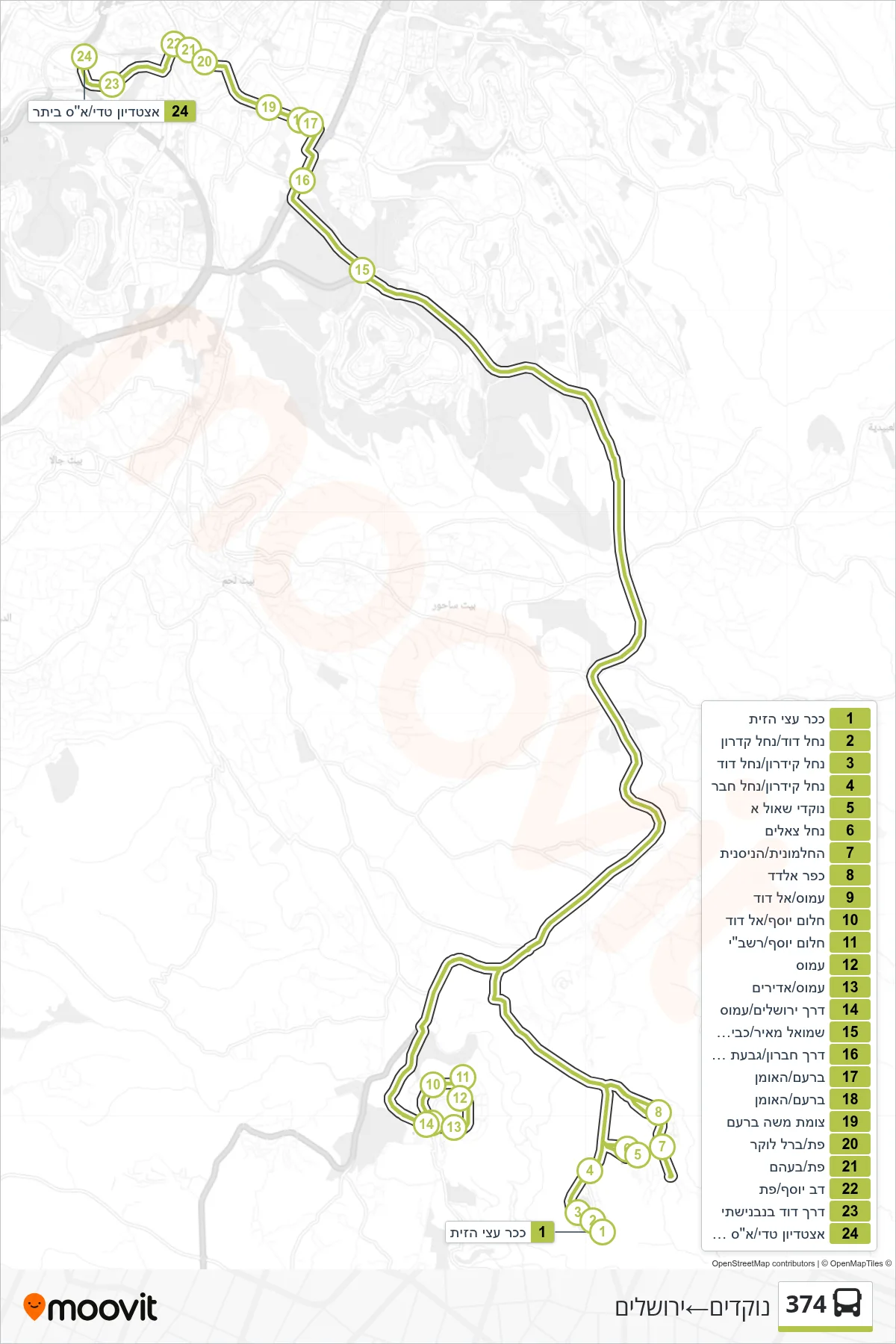 374 bus Line (Nokdim‎→Jerusalem) route and stops on a map