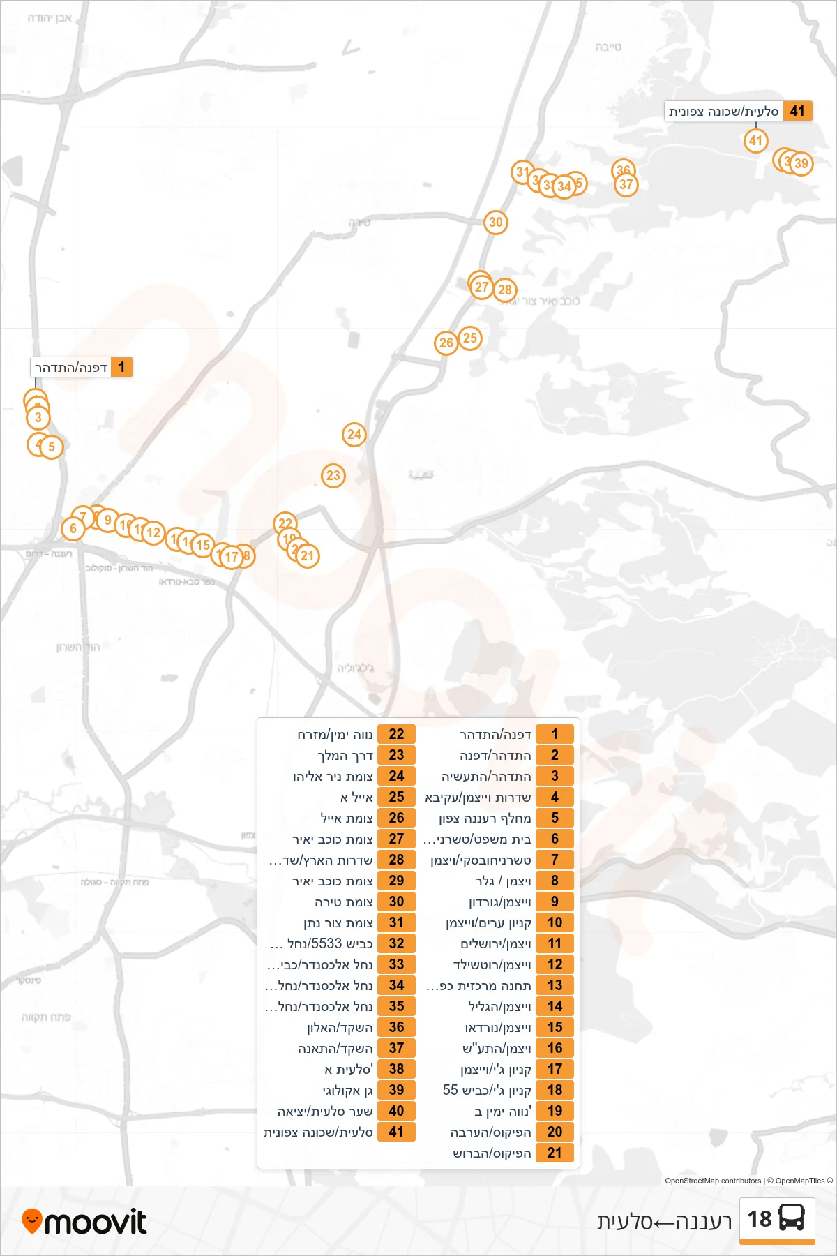 18 bus Line (Ra'anana‎→Sal'it) route and stops on a map
