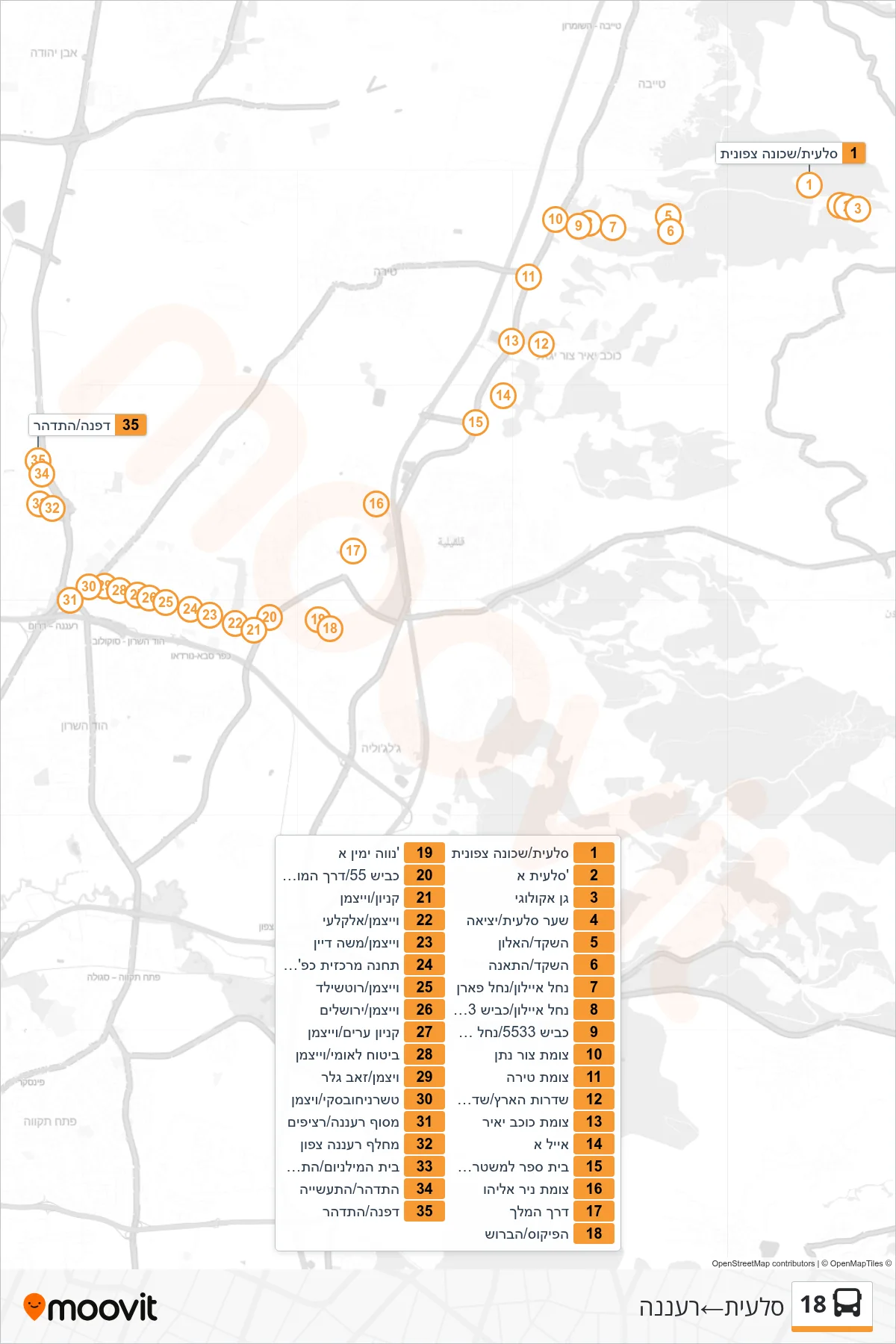 18 bus Line (Sal'it‎→Ra'anana) route and stops on a map