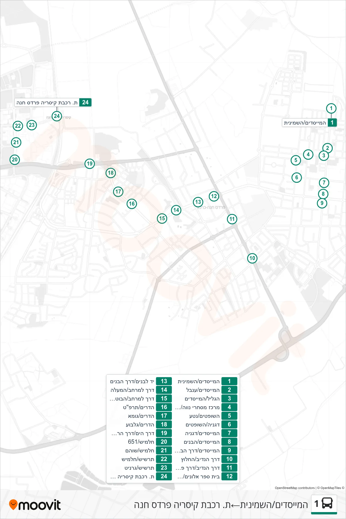 1 bus Line (HaMeyasdim/HaShminit‎→Caesarea-Pardes Hanna Railway Station) route and stops on a map