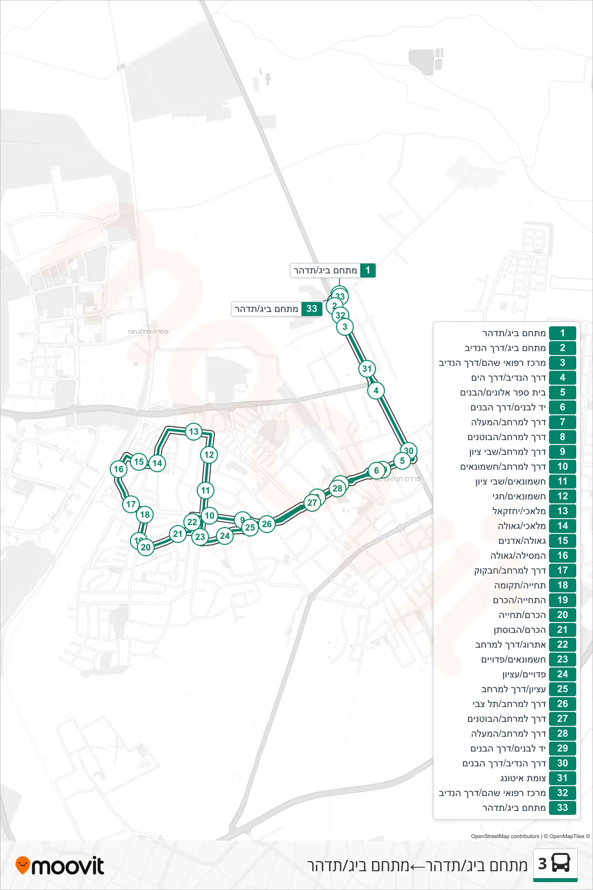 3 bus Line (Big Complex/Tidhar‎→Big Complex/Tidhar) route and stops on a map