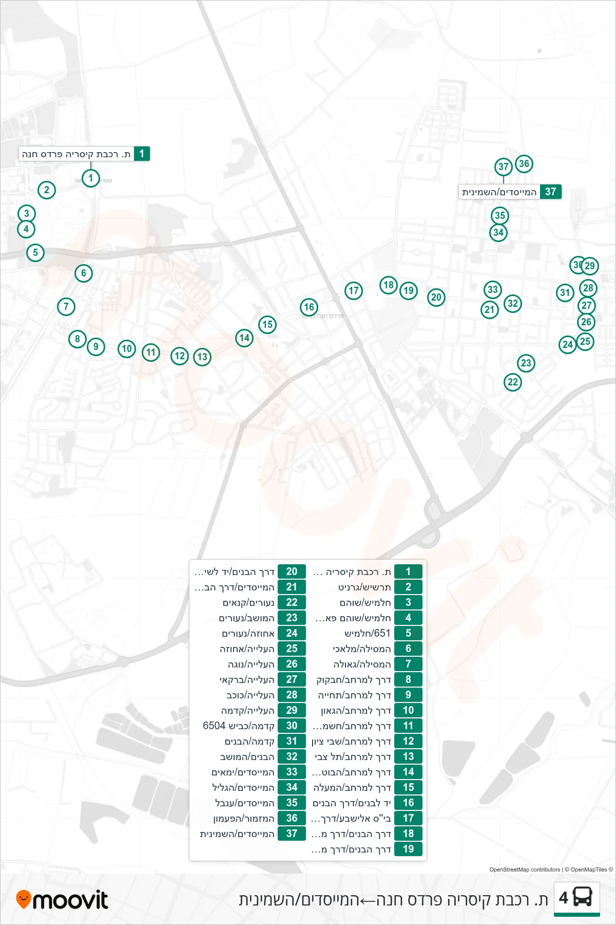 4 bus Line (Caesarea-Pardes Hanna Railway Station‎→HaMeyasdim/HaShminit) route and stops on a map