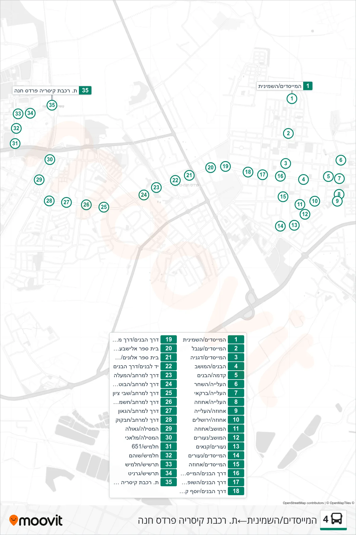 4 bus Line (HaMeyasdim/HaShminit‎→Caesarea-Pardes Hanna Railway Station) route and stops on a map