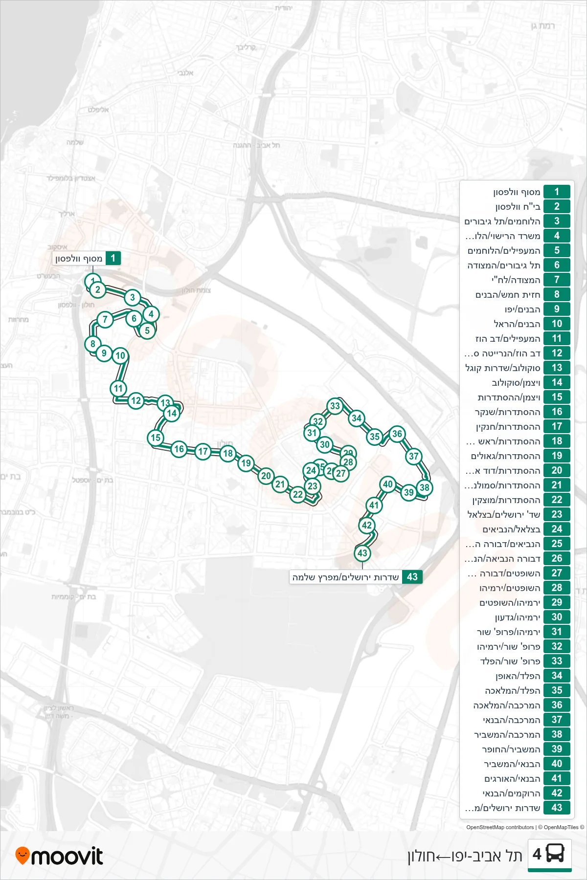 4 bus Line (Tel Aviv-Yafo‎→Holon) route and stops on a map