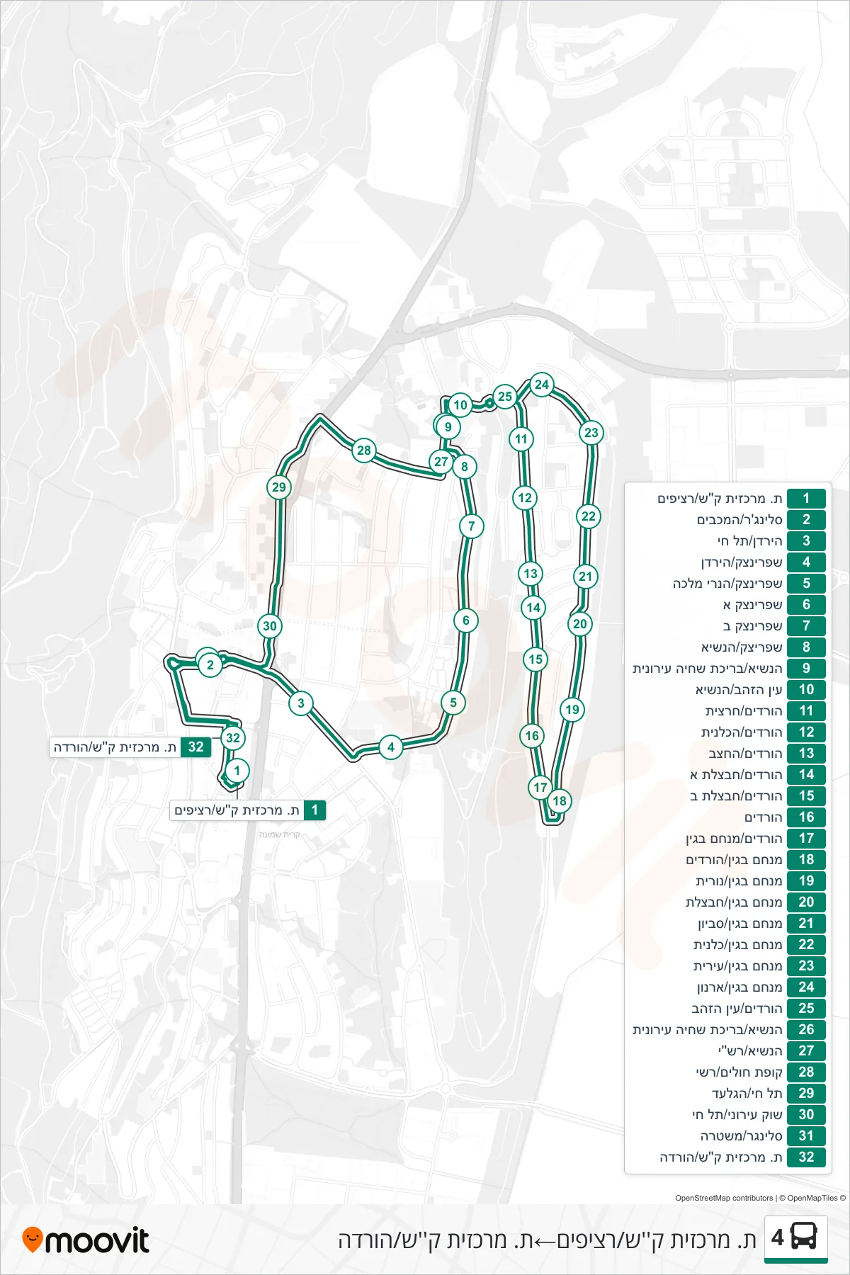 4 bus Line (Kiryat Shmona Central Station/Platforms‎→Kiryat Shmona Central Station/Drop-off) route and stops on a map