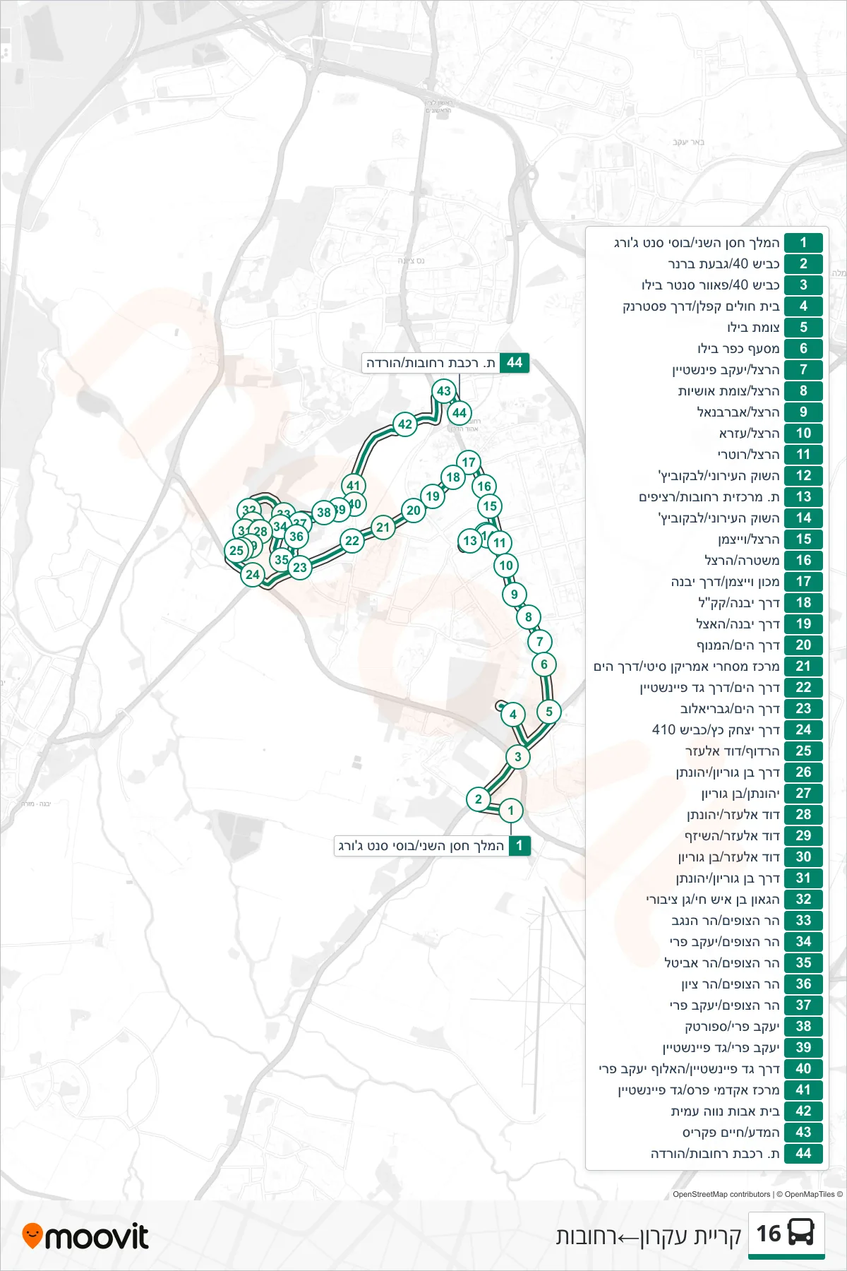 16 bus Line (Kiryat Ekron‎→Rehovot) route and stops on a map