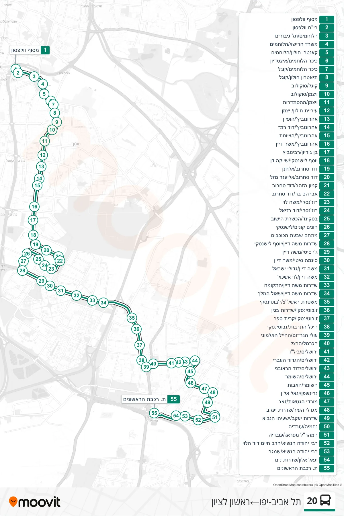20  Line (Tel Aviv-Yafo‎→Rishon LeZion) route and stops on a map