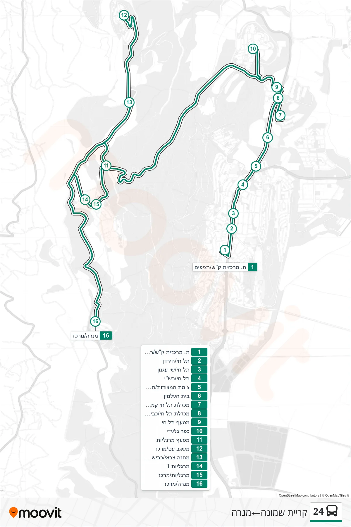 24 bus Line (Kiryat Shmona‎→Menara) route and stops on a map