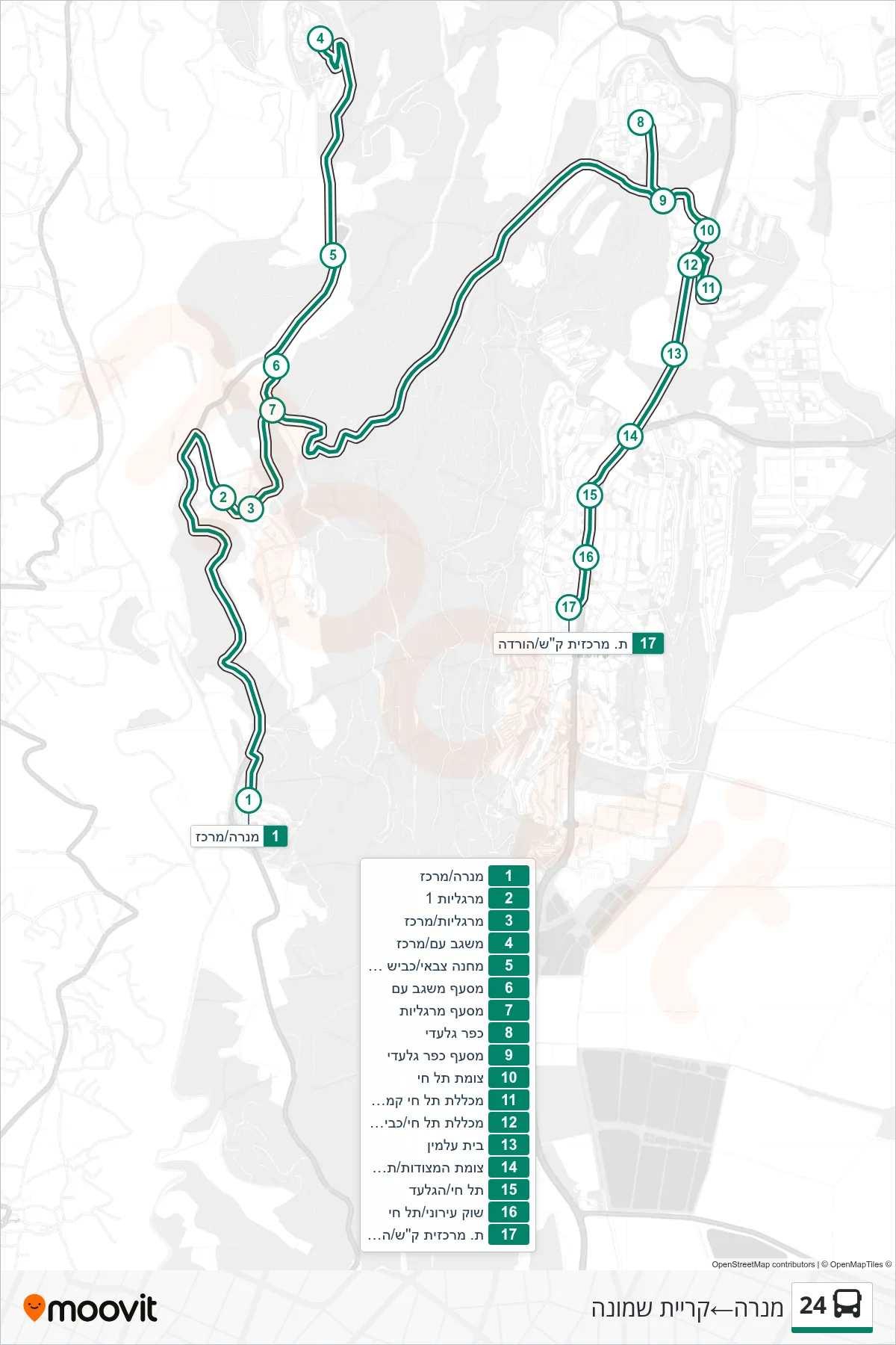 24 bus Line (Menara‎→Kiryat Shmona) route and stops on a map