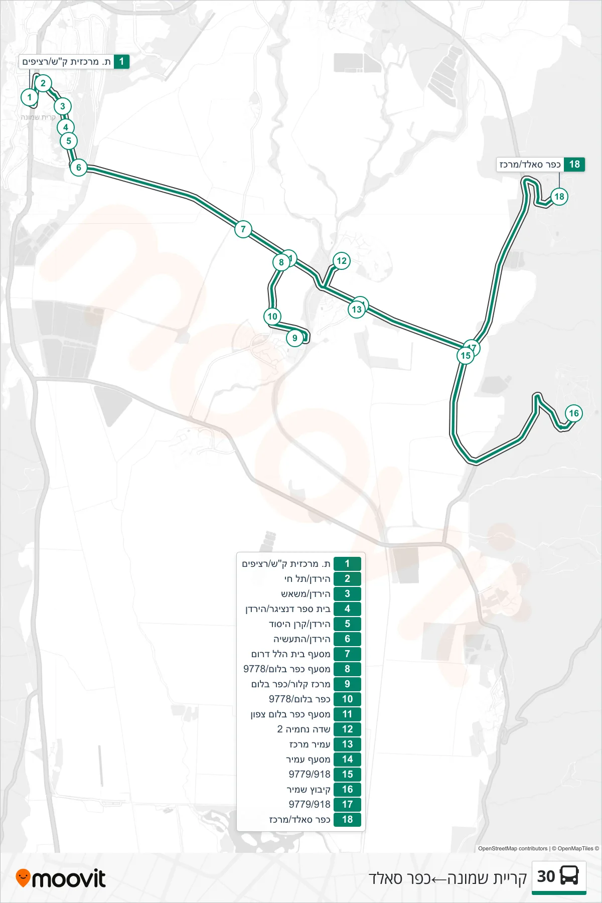 30 bus Line (Kiryat Shmona‎→Kfar Sald) route and stops on a map